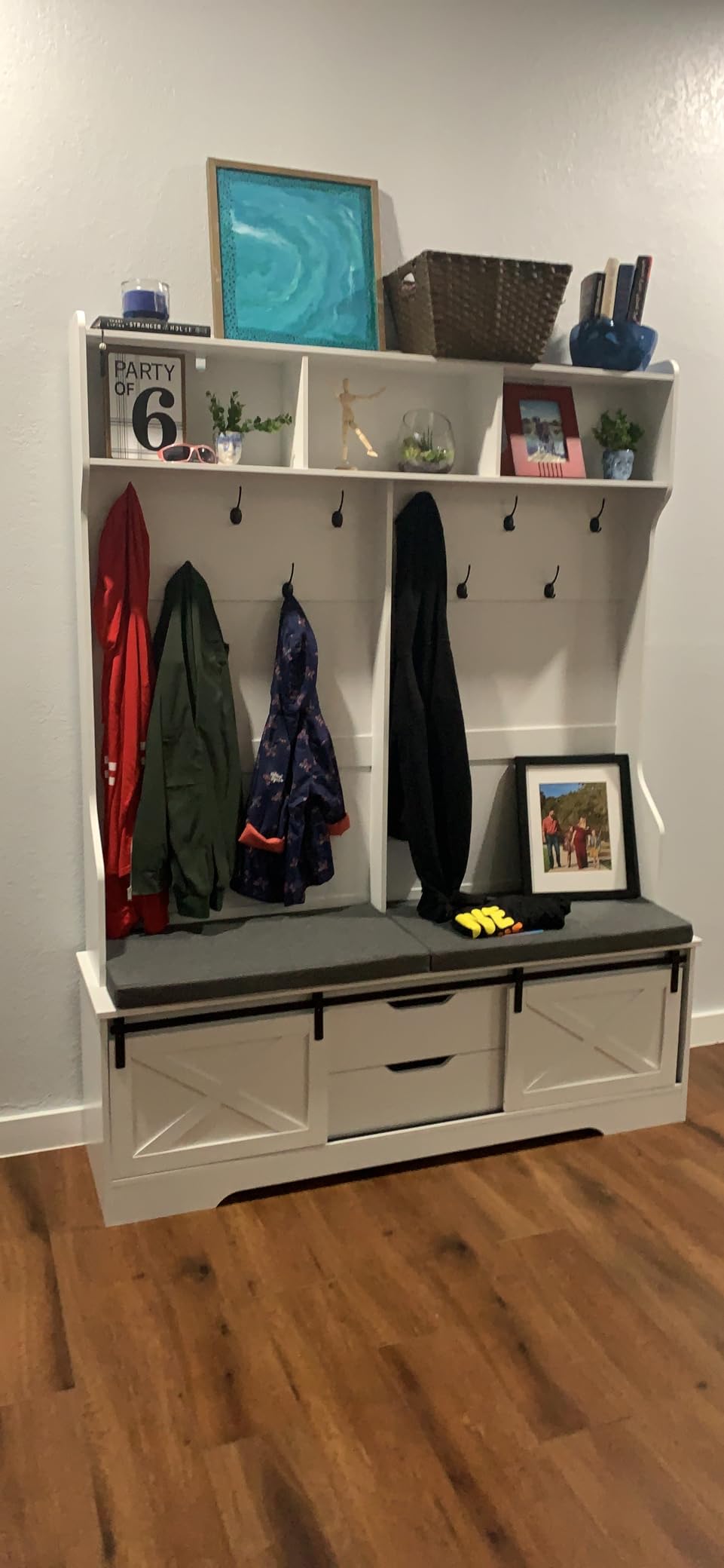 UPOSOJA Hall Tree with Bench and Shoe Storage, Entryway Bench with Coat Rack, Modern Farm House Barn Door 3-in-1 Hall Tree with Storage Cushioned Stool and Hooks for Hallway, Living Room (60IN) customer photo 1