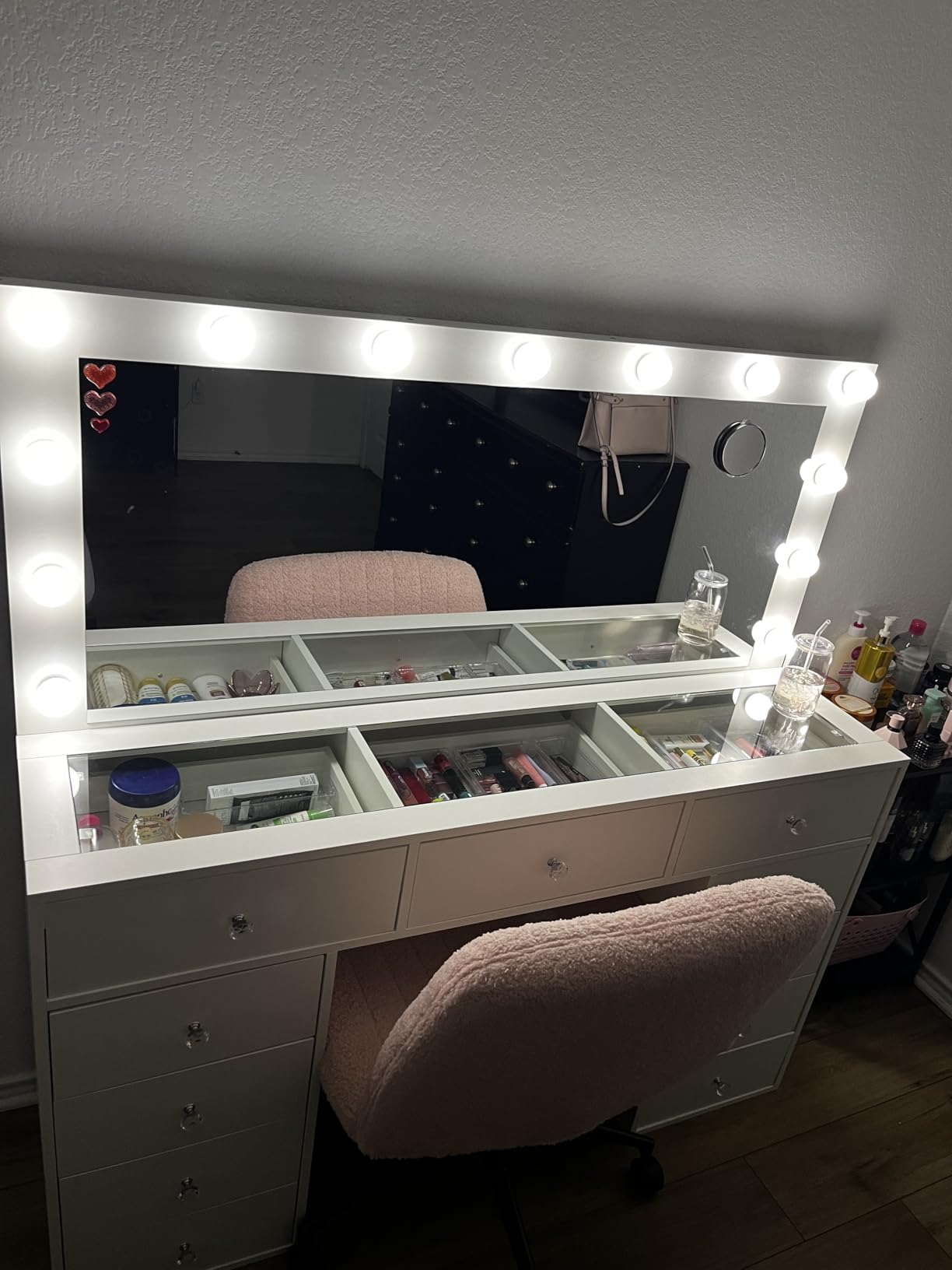 Yanosaku Vanity Desk & Power Outl, Makeup Vanity with Mirror and 12 LED Lights, Makeup Table with 11 Drawers, Vanity Table with Chair,Set 3 Lighting Modes Brightness Adjustable-(White) customer photo 2