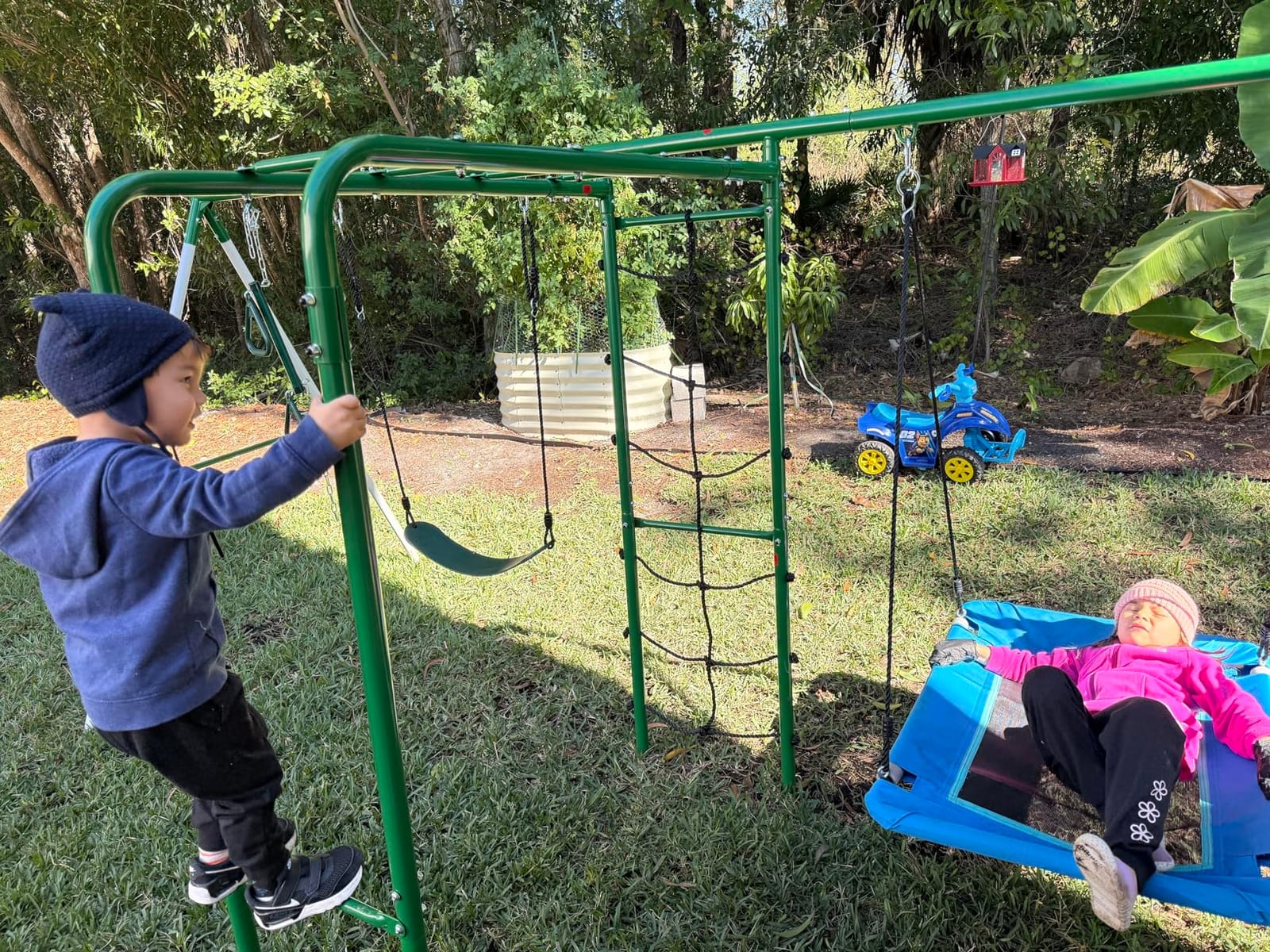 Hapfan Swing Sets for Backyard with Monkey Bars,5 in 1 Playground Set | Monkey Bars+ Belt Swing + Platform Swing + Climbing Net +Trapeze Bar,ASTM Tested | CPSC Safety Compliant (White & Green) customer photo 1