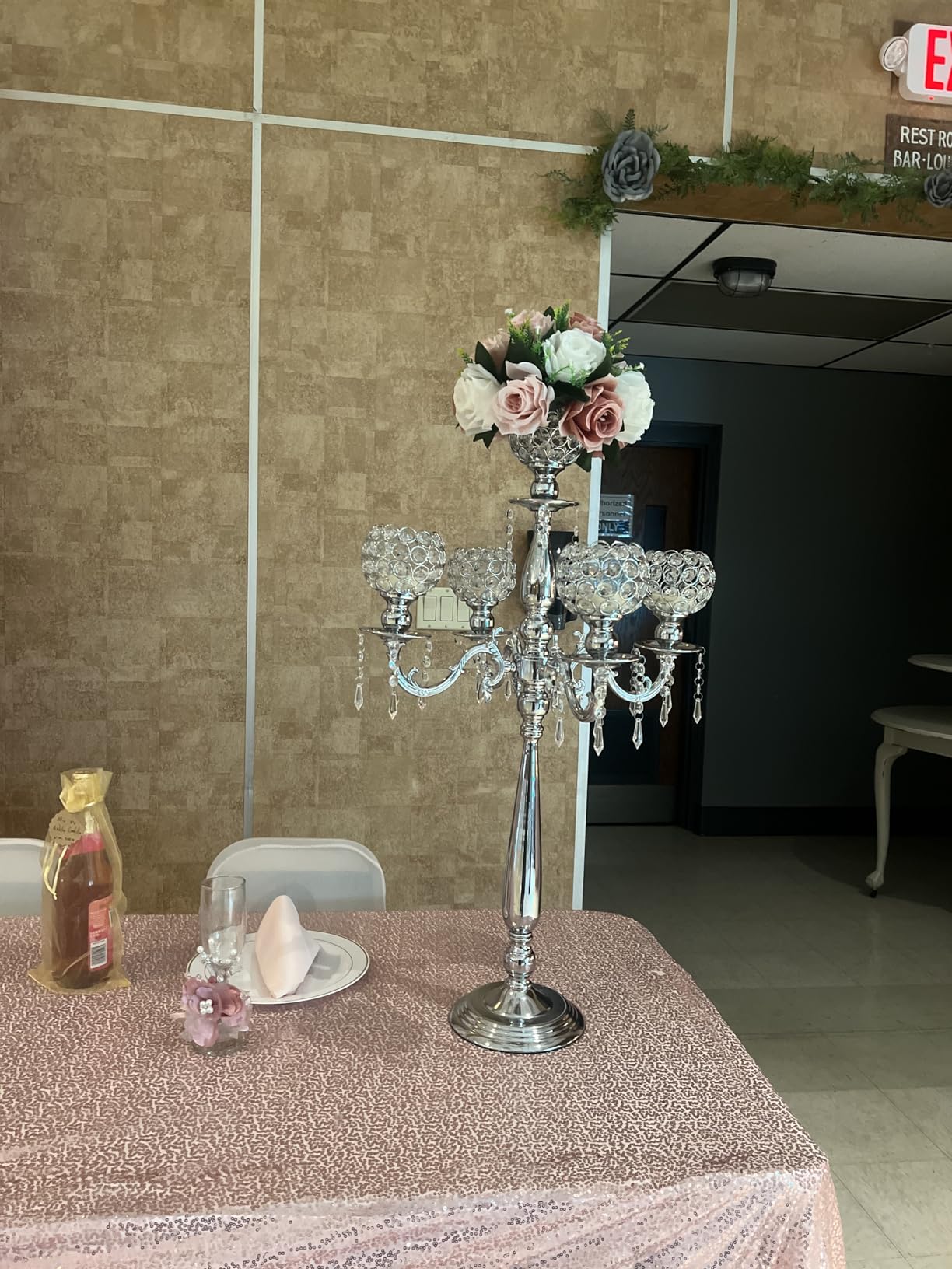 VINCIGANT4Sets 5 Arm Crystal Candelabra Centerpieces for Wedding,29.5Inches Tall Silver Metal Candlestick Holders with 5 Flower Bowl Holder for Anniversary Bathroom Party Home Decoration customer photo 1