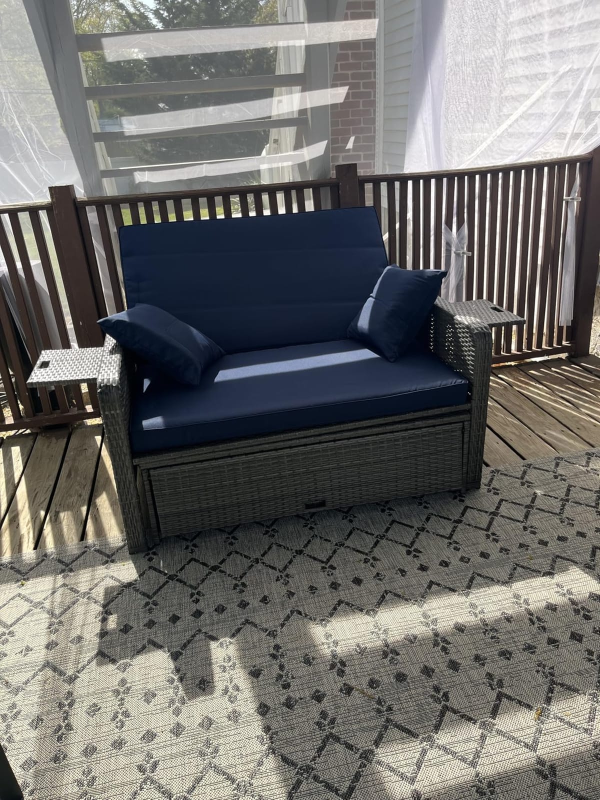 RELAX4LIFE Wicker Patio Outdoor Daybed - Rattan Day Bed Lounger with Loveseat & Storage Ottoman, Sunbed Sofa Set w/Cushions, 4-Level Adjustable Backrest & 2 Retractable Trays, Patio Daybed (Navy) customer photo 1