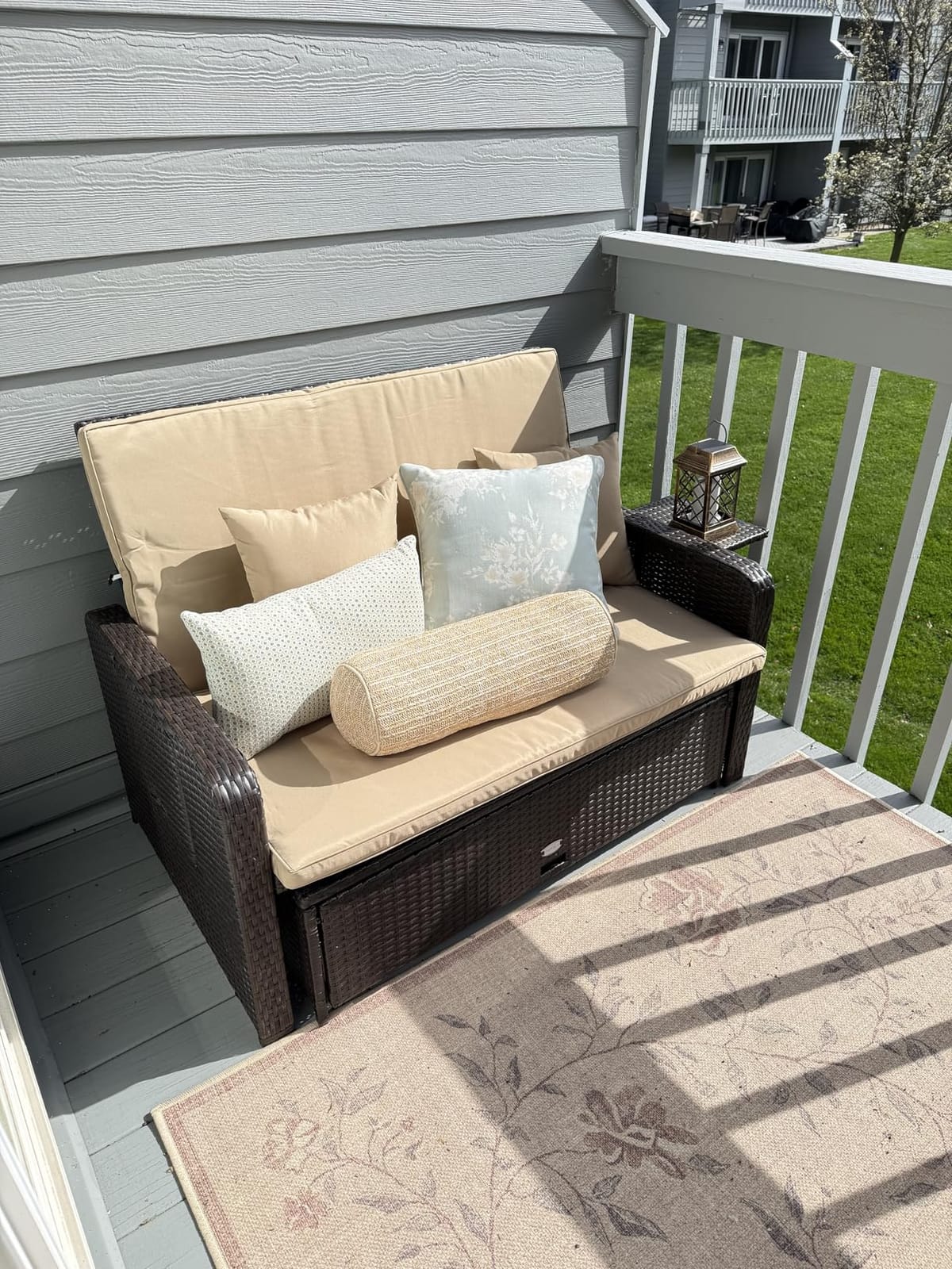 RELAX4LIFE Wicker Patio Outdoor Daybed - Rattan Day Bed Lounger with Loveseat & Storage Ottoman, Sunbed Sofa Set w/Cushions, 4-Level Adjustable Backrest & 2 Retractable Trays, Patio Daybed (Navy) customer photo 2