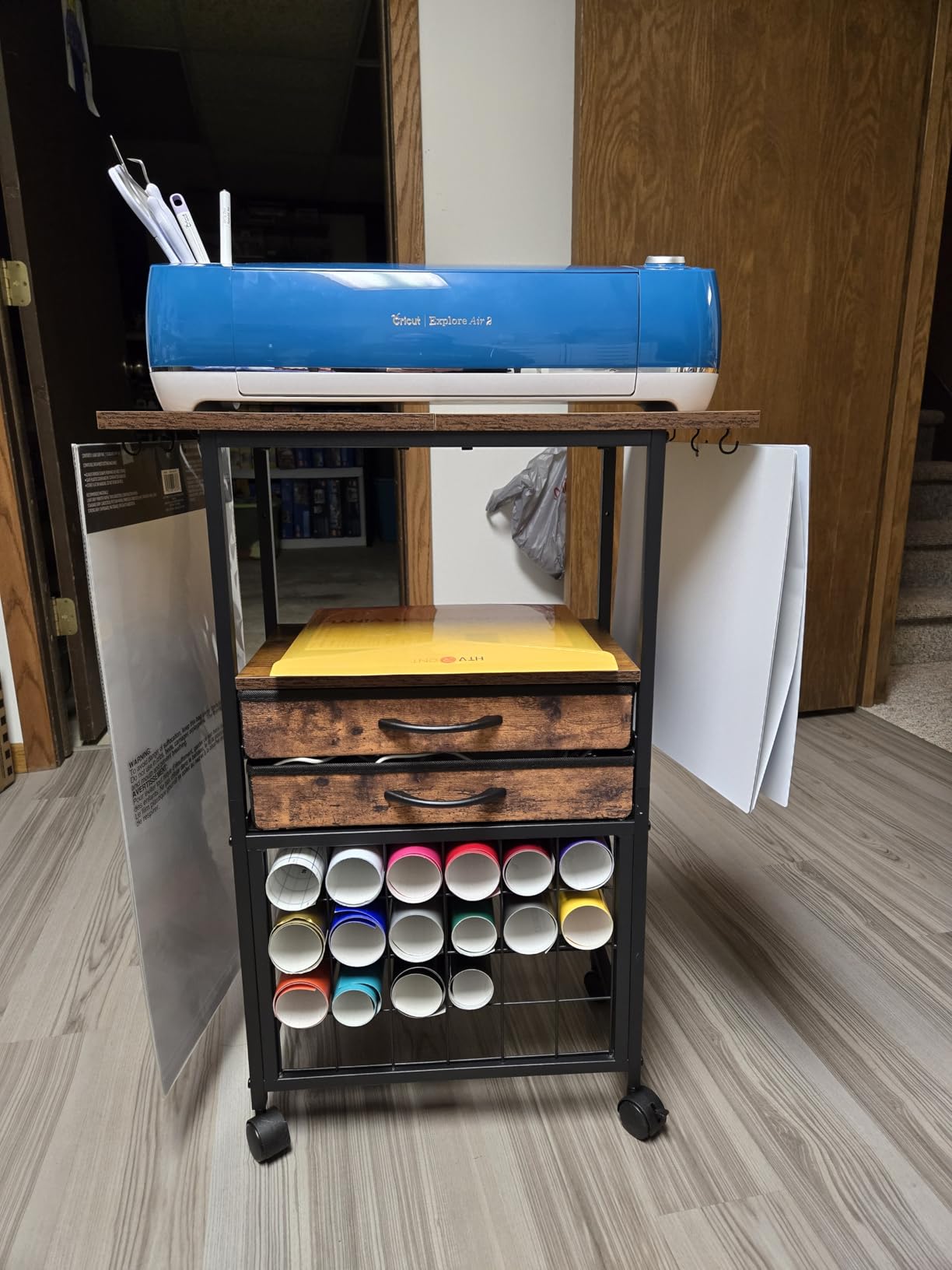 VENNQD Organizer and Storage Stand Compatible with Cricut Machines,Rolling Storage Cart/Shelf with 24 Vinyl Roll Holders,2 Fabric Drawer,Accessories Holder,Tool Hook for Craft Room Home (white) customer photo 1