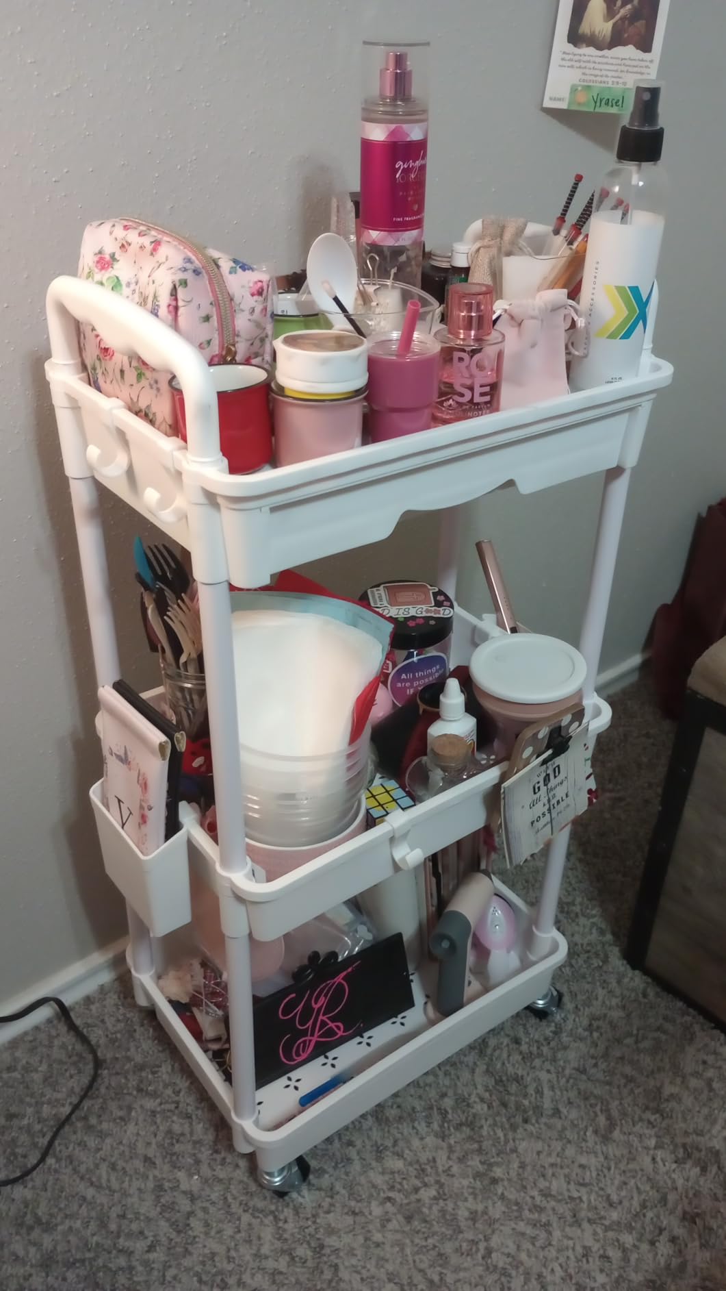 SUNALLY 3 Tier Rolling Cart with Drawer, Craft Storage Cart Organizer,White customer photo 1