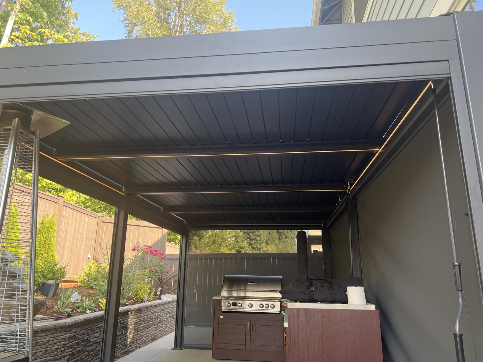 YOLENY Electric Louvered Pergola 10x13, Solar and Electric Powered, Integrated LED and 4 Side Screens, Full Aluminum Frame and Louvers, Adjustable Rainproof Roof for Outdoor Living, Dark Gray customer photo 1