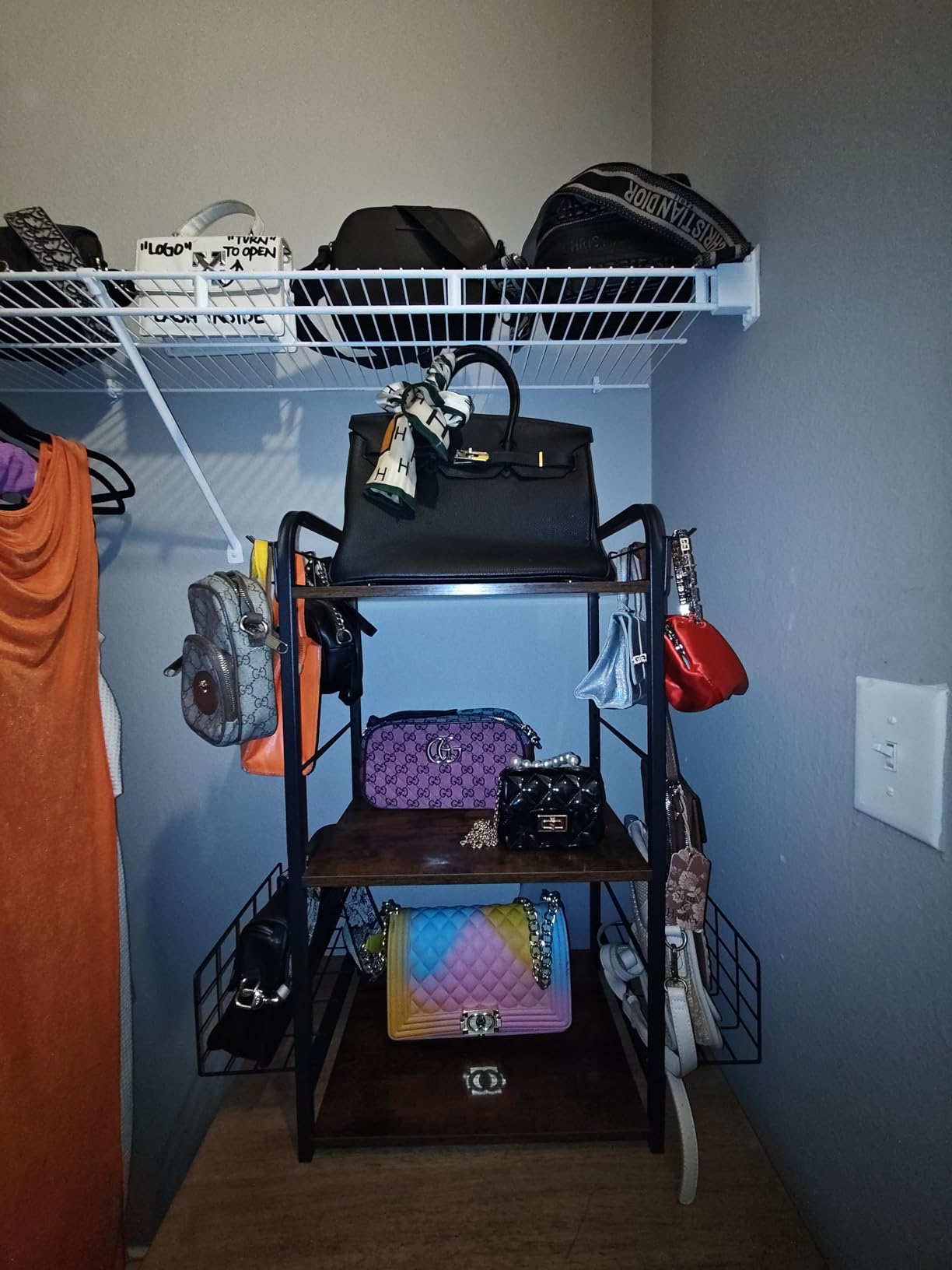Iron & Wood Floor-Standing 3-Tier Purse Rack with Adjustable Feet, High-Capacity Bag Organizer for Closet, Patent Pending customer photo 2