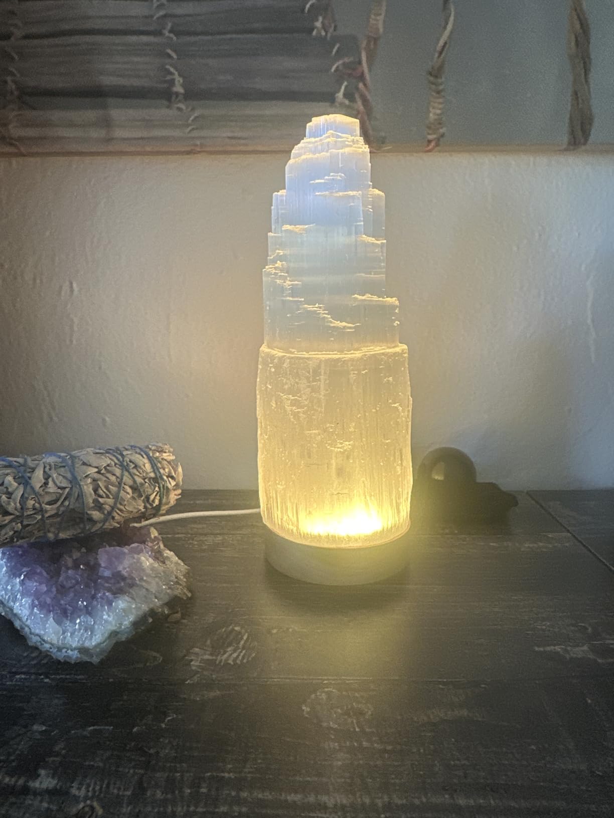 Wish Well Large Selenite Lamp with 7 Color LED Wooden Base, Selenite Tower | 8