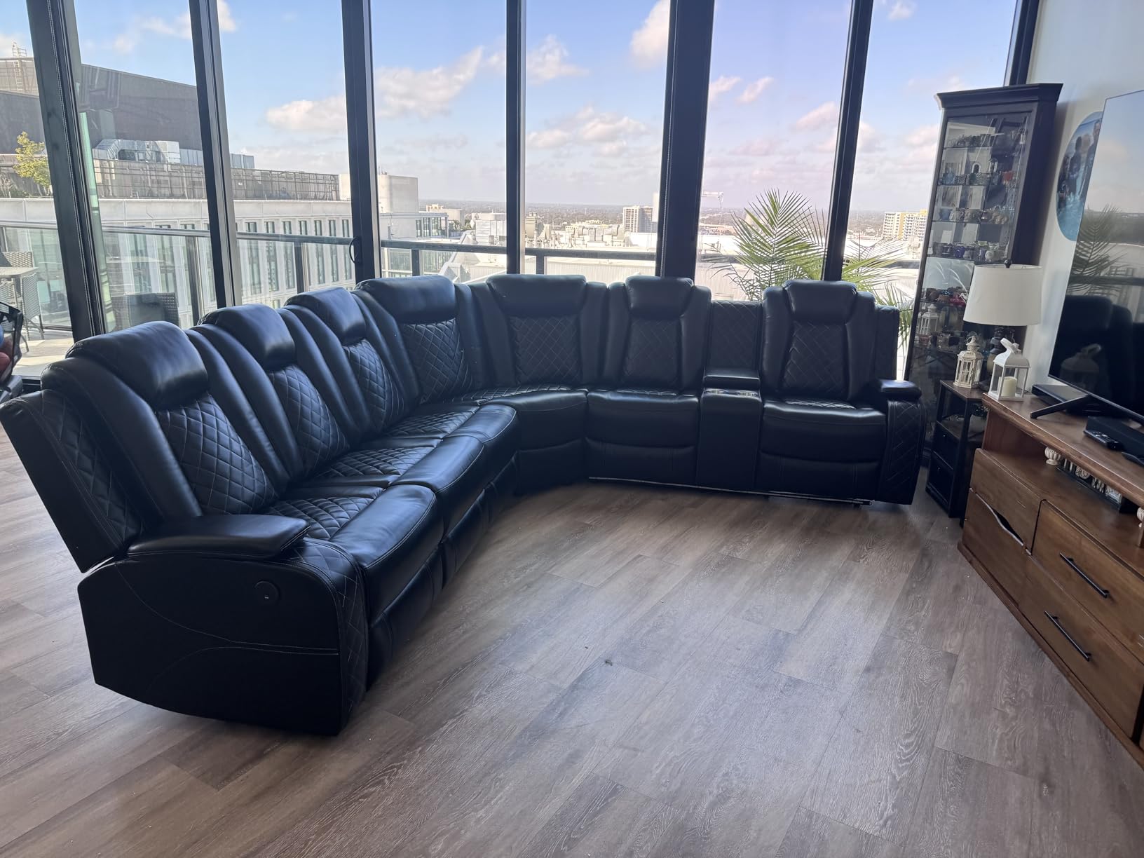 Power Recliner Sectional Sofa with LED &USB Port, L Shaped Reclining Couch for Living Room Furniture, Faux Leather Sectional Home Theater with Reading Lamp, Cup Holder&Storage (Black) customer photo 2