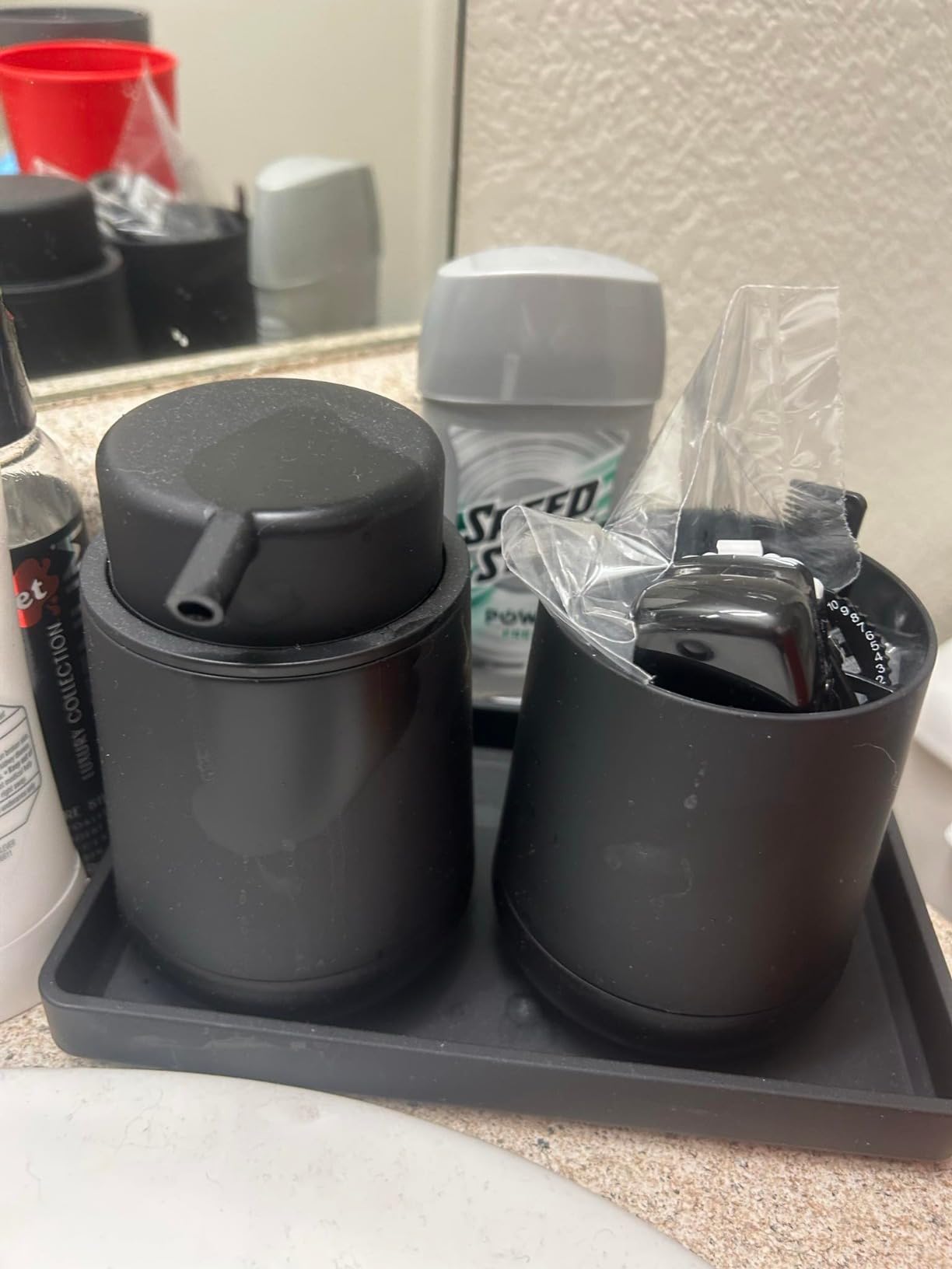 GAHEFY Black Bathroom Countertop Accessories Set - Foaming Soap Dispenser and Toothbrush Holder with Silicone Boot,Vanity Tray (Black Foam) customer photo 1