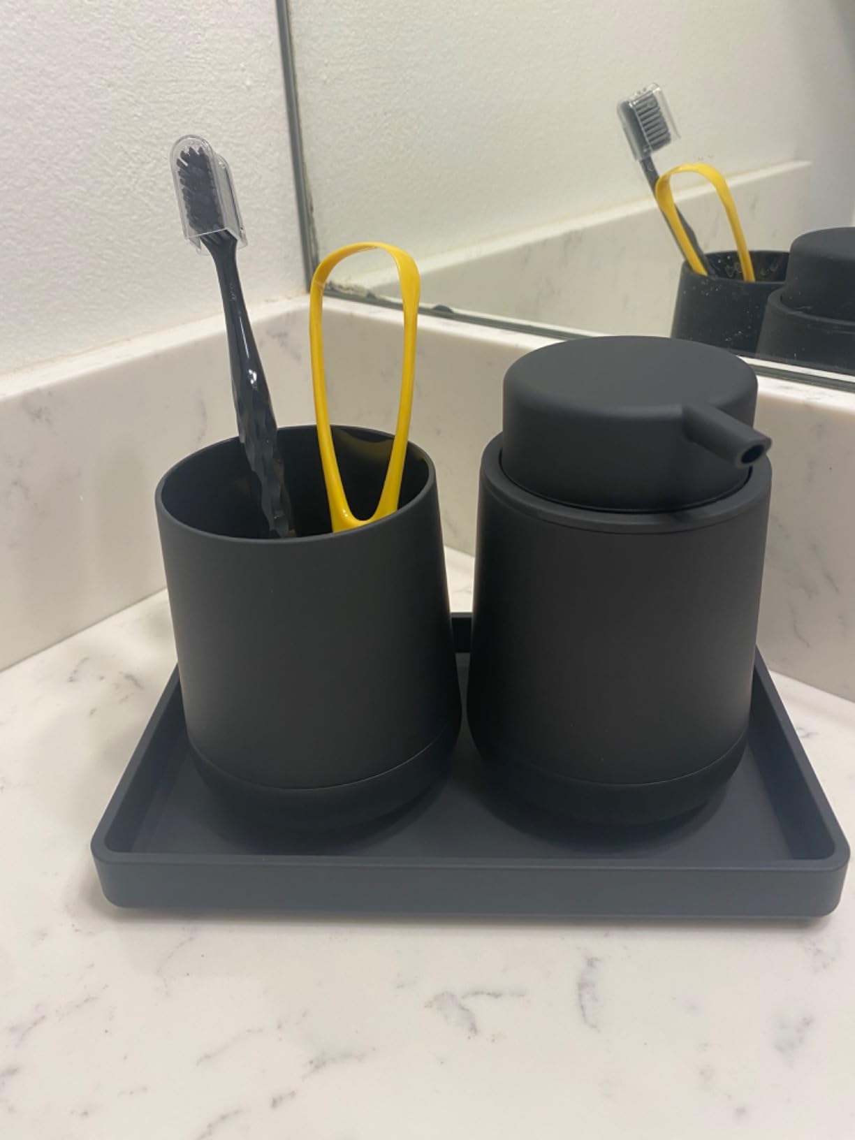 GAHEFY Black Bathroom Countertop Accessories Set - Foaming Soap Dispenser and Toothbrush Holder with Silicone Boot,Vanity Tray (Black Foam) customer photo 2