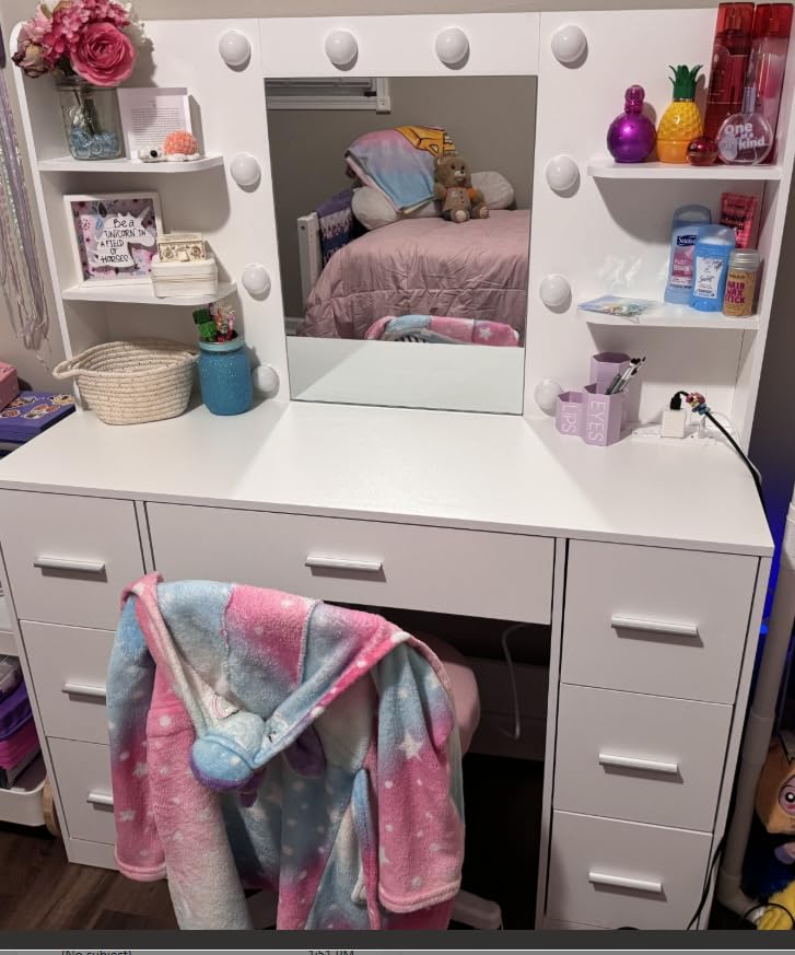 Furmax Vanity Desk with LED Mirror,Power Outlet,7 Drawers Makeup Table customer photo 1