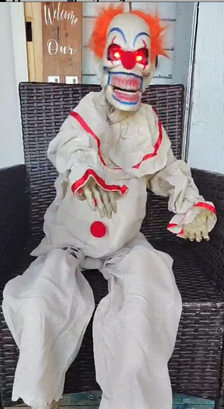 Halloween Animatronic Sitting Clown, Halloween Animated Decorations with Sound Activated, Creepy Sound, Light Up Eyes, Scary Move, Haunted House Holiday Spooky Decor Horror Prop, for Indoor Outdoor customer photo 2