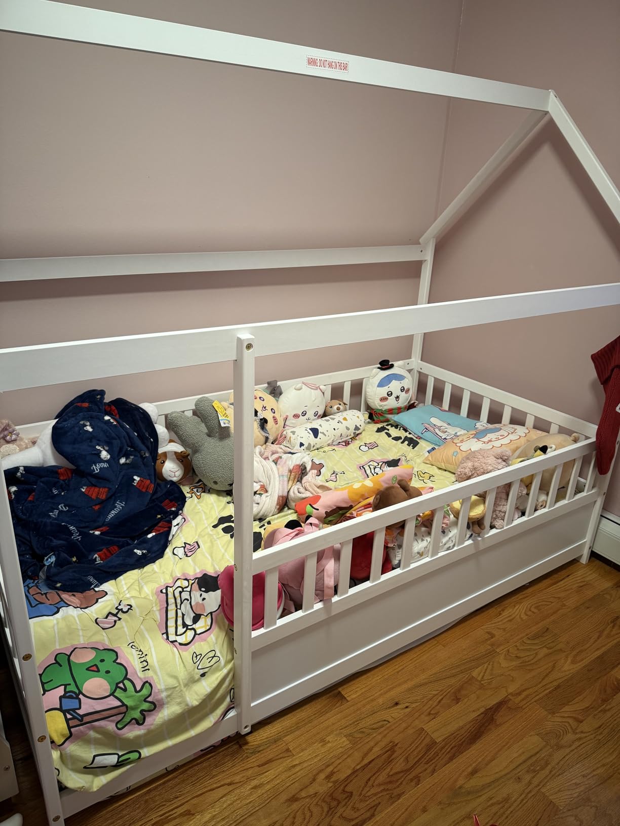 Kids Montessori Bed Twin Size, Twin Floor Bed with High Fence, House Beds for Kids, Girls, Boys, Wood Montessori Floor Beds Without Slats(White Twin) customer photo 1