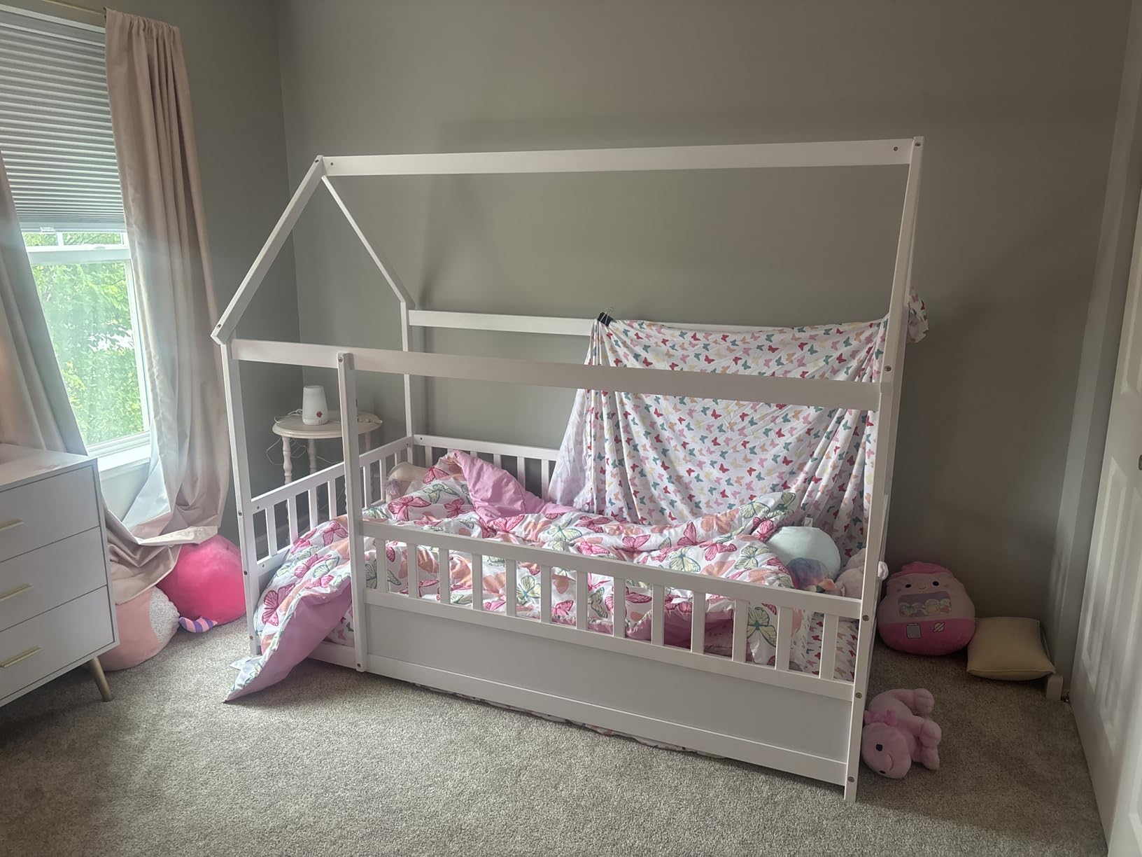 Kids Montessori Bed Twin Size, Twin Floor Bed with High Fence, House Beds for Kids, Girls, Boys, Wood Montessori Floor Beds Without Slats(White Twin) customer photo 2
