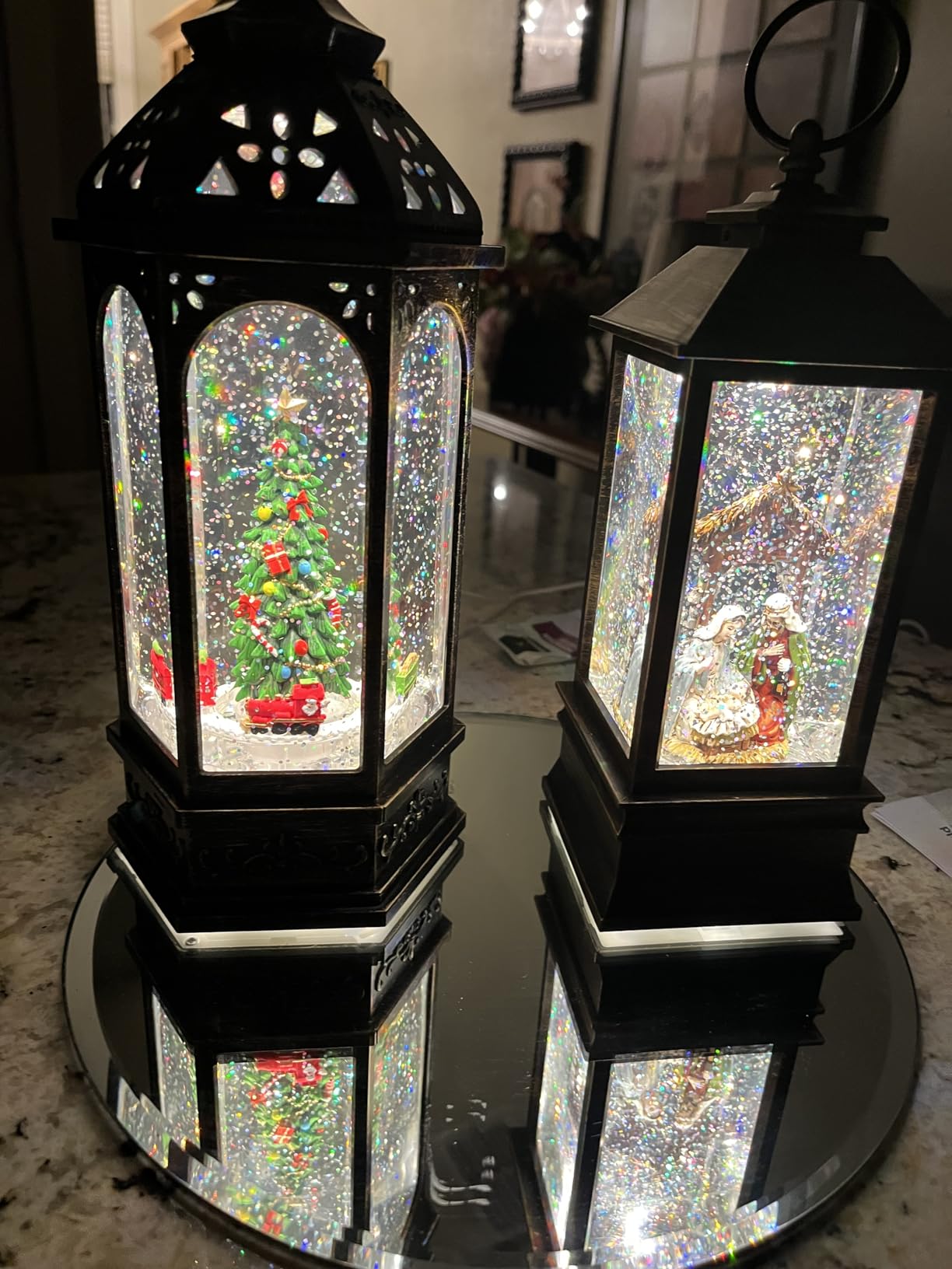 Christmas Snow Globe Swirling Glittering Lantern Santa Flying with Reindeer, USB Lined/Battery Operated Lighted Water Lantern for Christmas Festival Decoration Gifts customer photo 1