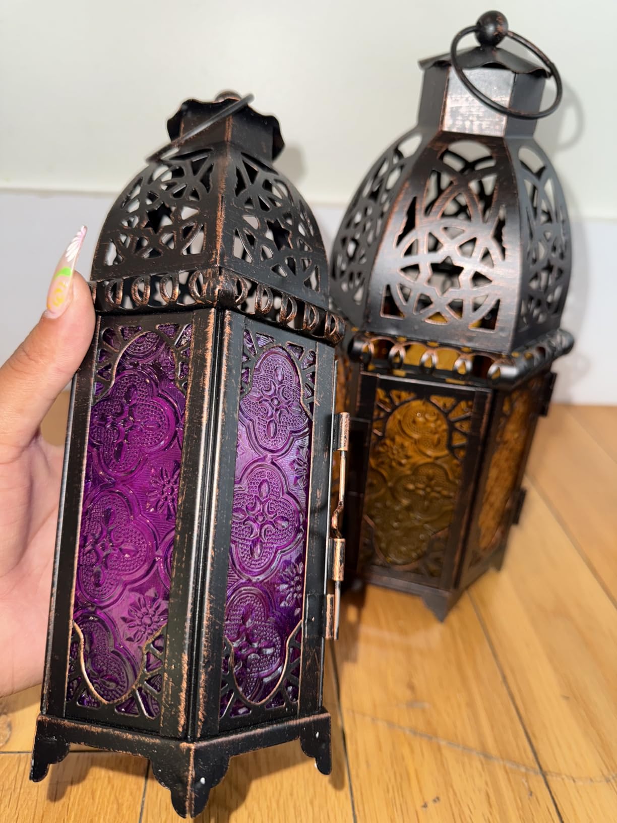 Set of 2 Vintage Large Decorative Moroccan Candle Lantern, 12.8’’ Metal Hanging&Tabletop Lantern Candle Holder Decor, Christmas Decorations Indoor Outdoor Patio (Amber) Ramadan Decorations customer photo 2