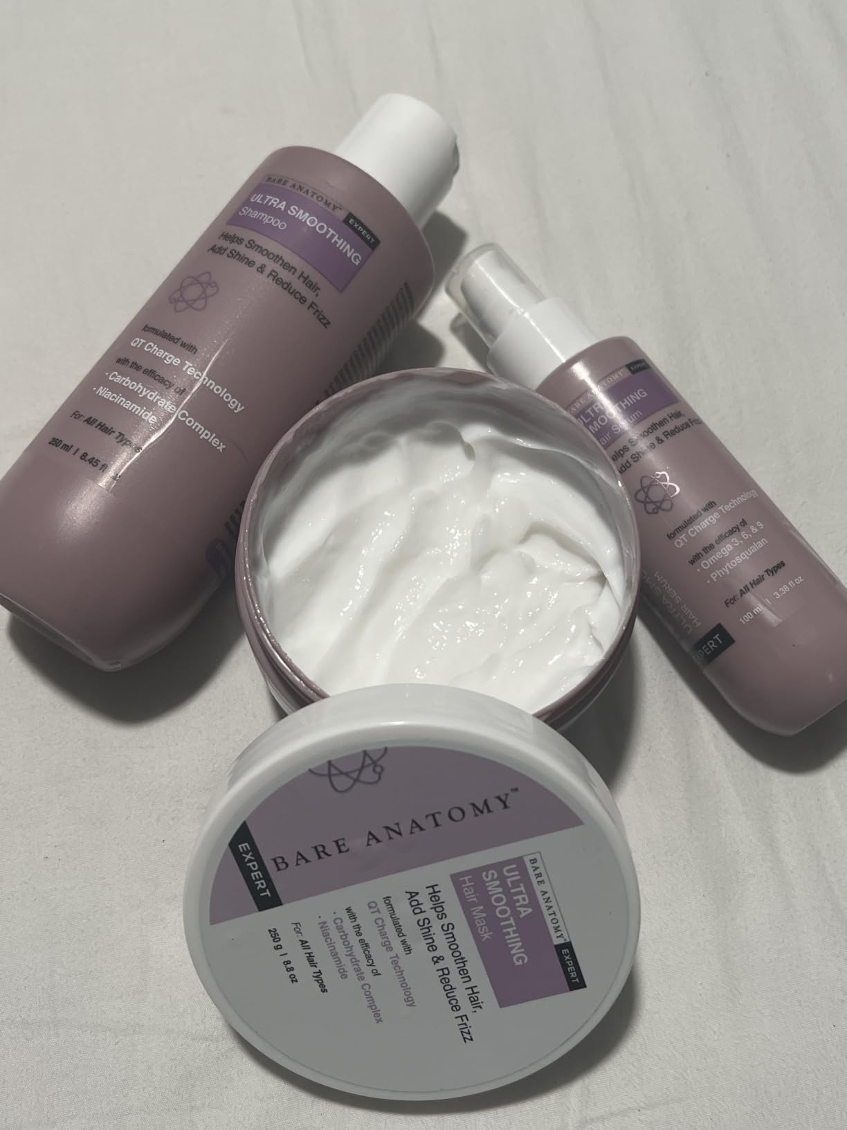Bare Anatomy Ultra Smoothing Shampoo + Hair Mask + Serum Kit | Carbohydrate Complex & Niacinamide | Dry & Frizzy Hair | Paraben & Sulphate Free | Women & Men | 250ml + 250g + 100ml customer photo 1