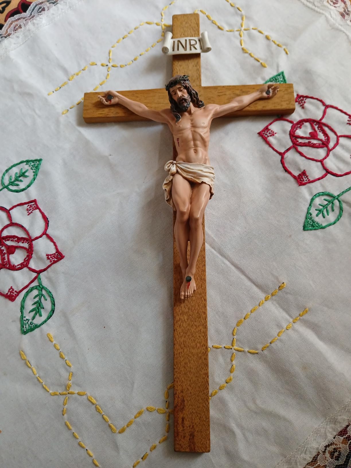 Crucifix Wall Cross - 14 Inch Olive Wood Wall Crucifix, Hand Painted Resin Jesus on Wooden Crucifix Catholic Home Decor Housewarming Religious Gifts customer photo 2