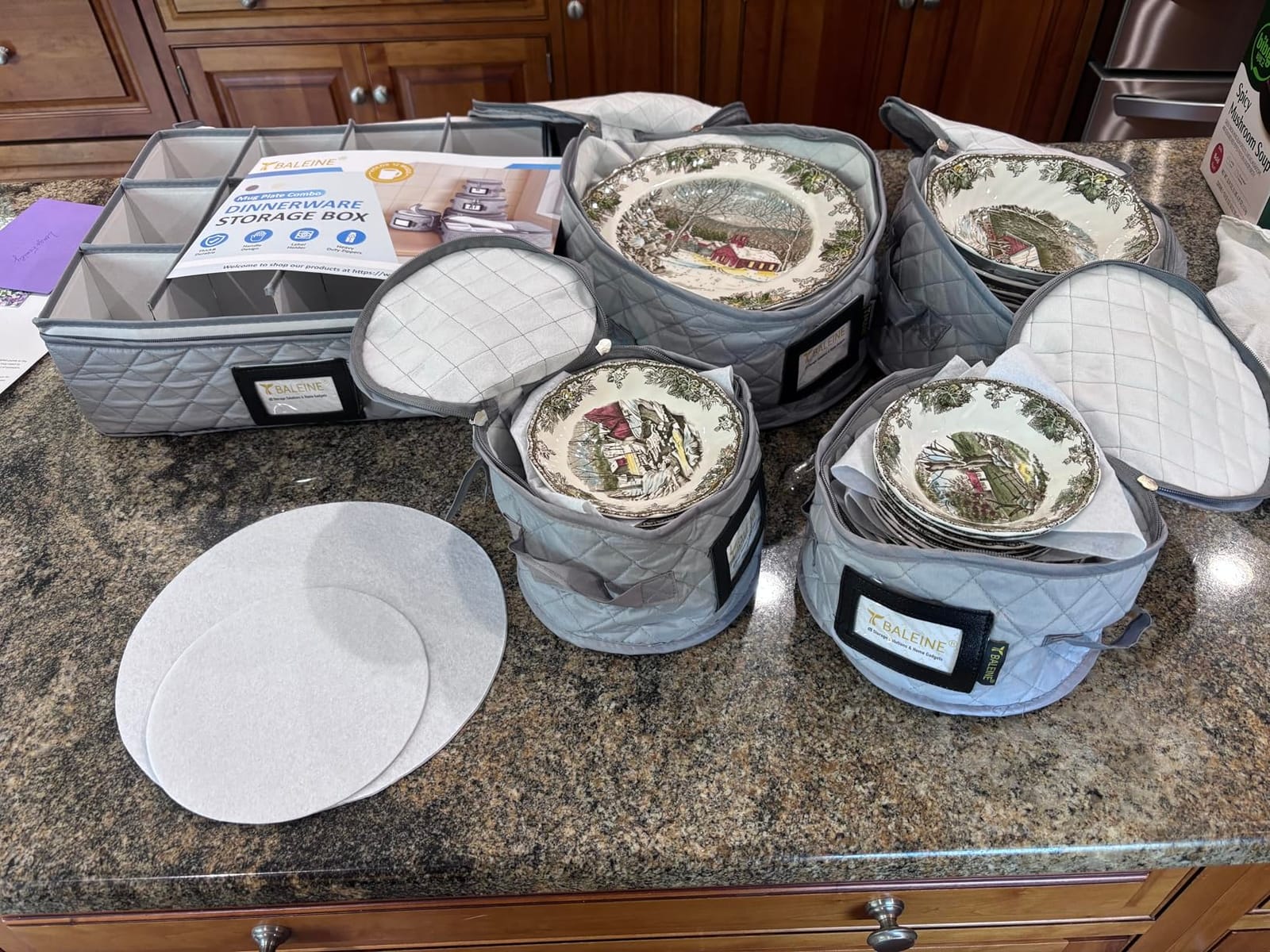 BALEINE China Storage Containers, Sturdy Quilted Wine Glass Storage, Plate Organizer with Carry Handles, Moving Boxes for Dishes, Cups, Mugs and Stemware (Plate Mug Combo, Soft Shell Cream) customer photo 2