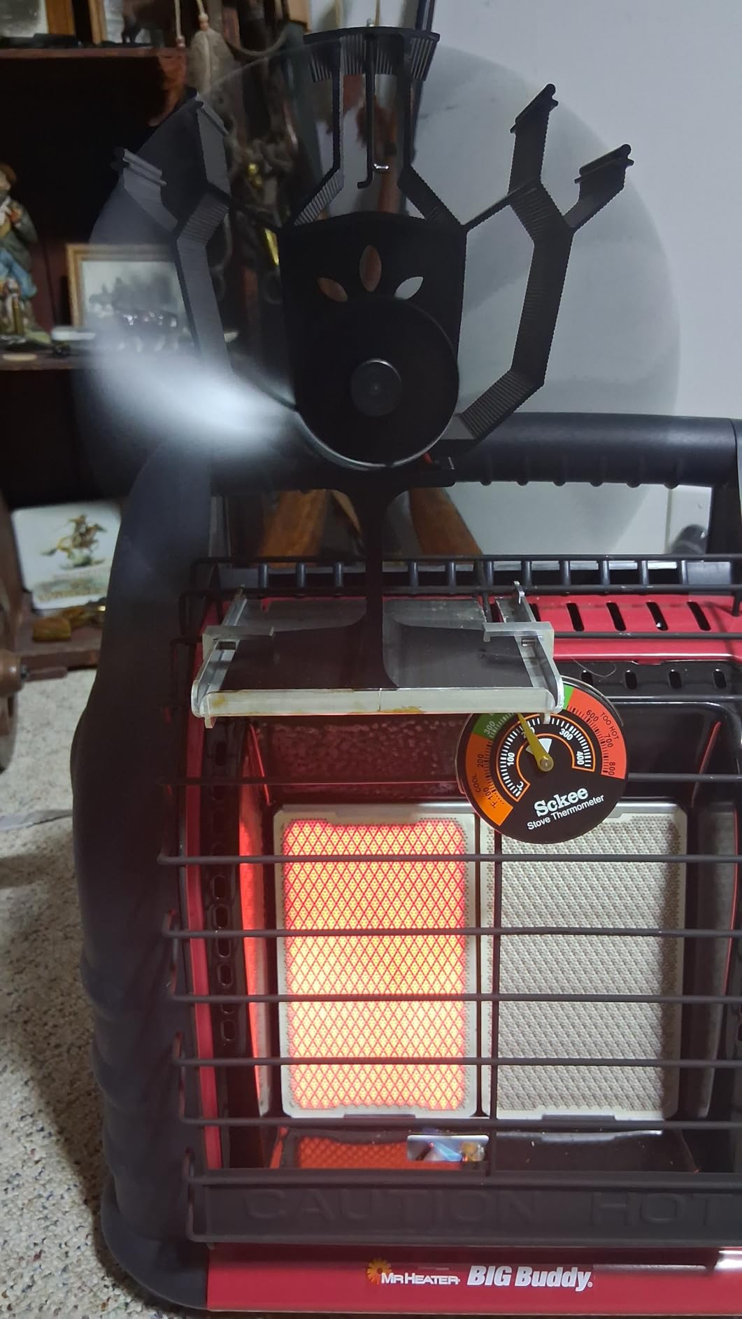 Wood Stove Fan Compatible for Buddy Heater, Heat Powered Fireplace Fan with Bracket Compatible for Mr Heater Propane Log Burner Wood Burning Stove Accessory for Camping Outdoor Indoor Use (Black) customer photo 1