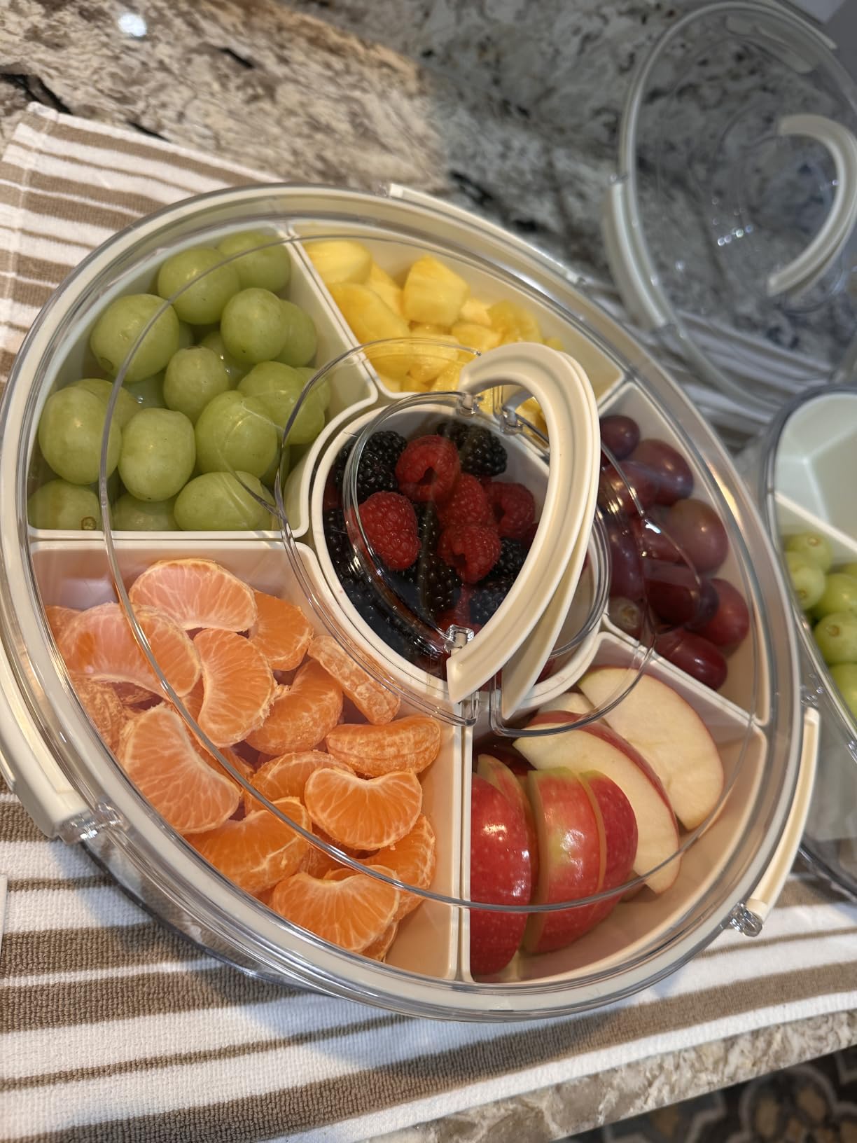 Divided Serving Tray with Lid and Handle, Stackable Snackle Box Container for Fruits Candy Organizer, Portable Spinning Rounded Veggie Tray for Kitchen, Party, Trave and Picnic-1 PACK customer photo 1