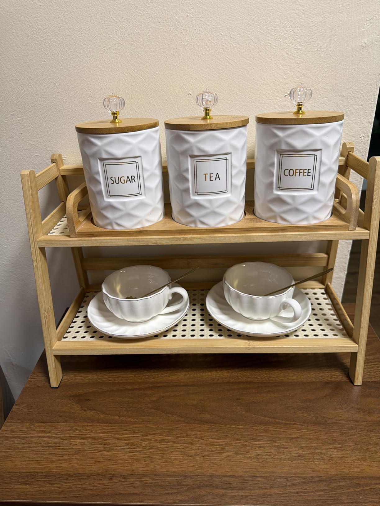 JUXYES Set of 3 Ceramic Coffee Sugar Tea Canister Set with Lid and Tray | Bamboo Airtight Lid and Handle Tray, Luxurious White Decorative Storage Jar Container for Kitchen Counter, Dining Room, Bar customer photo 1