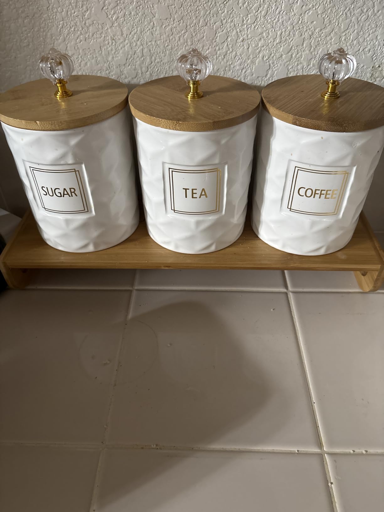 JUXYES Set of 3 Ceramic Coffee Sugar Tea Canister Set with Lid and Tray | Bamboo Airtight Lid and Handle Tray, Luxurious White Decorative Storage Jar Container for Kitchen Counter, Dining Room, Bar customer photo 2