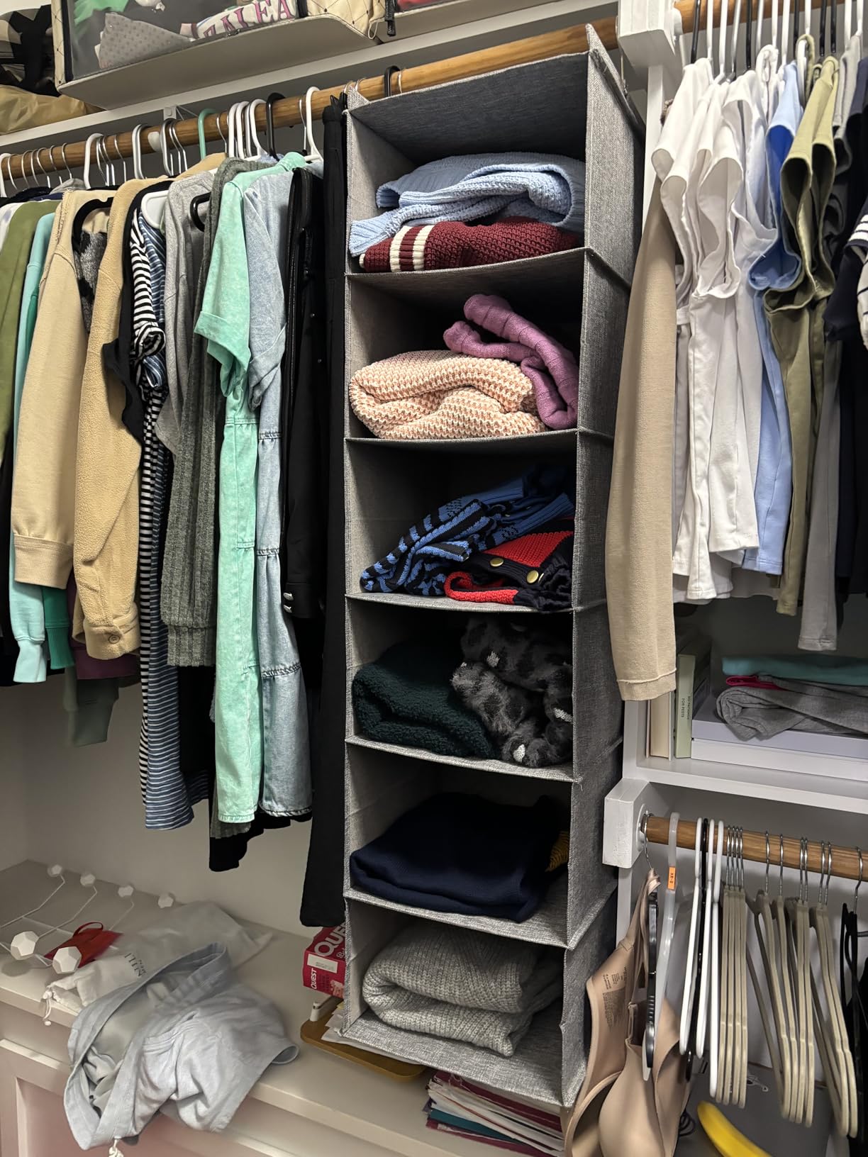 Large Hanging Sweater Organizer for Closet,Collapsible 6-Shelf Hanging Closet Shelves with Drawers, Washable (Beige -6 Shelf) customer photo 1