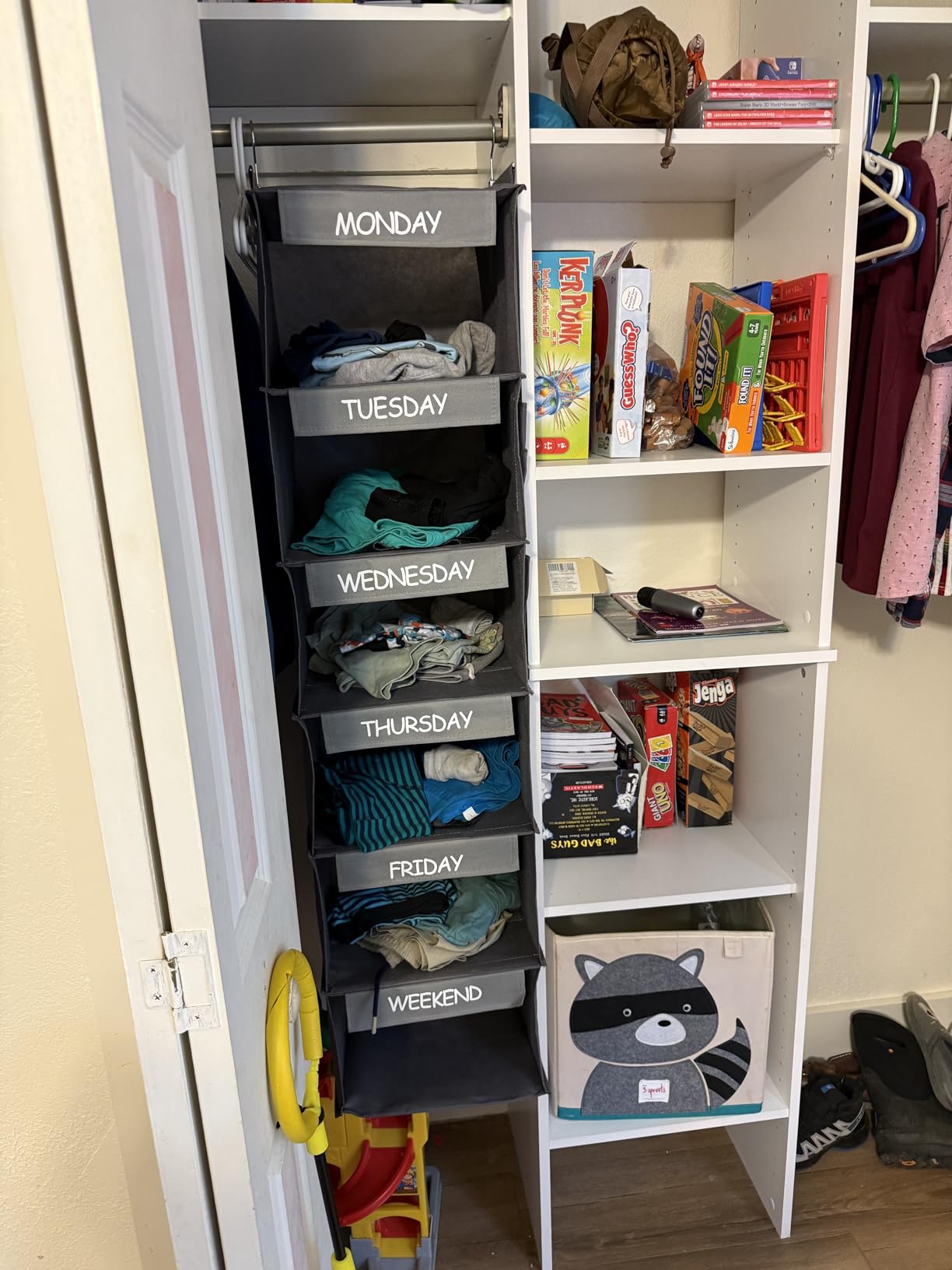 Kids Hanging Closet Organizer 6-Shelf with Day-of-Week Labels Blue | Helps children plan daily outfits with labeled shelves for Monday–Friday plus weekend. Folds flat for easy storage. customer photo 1