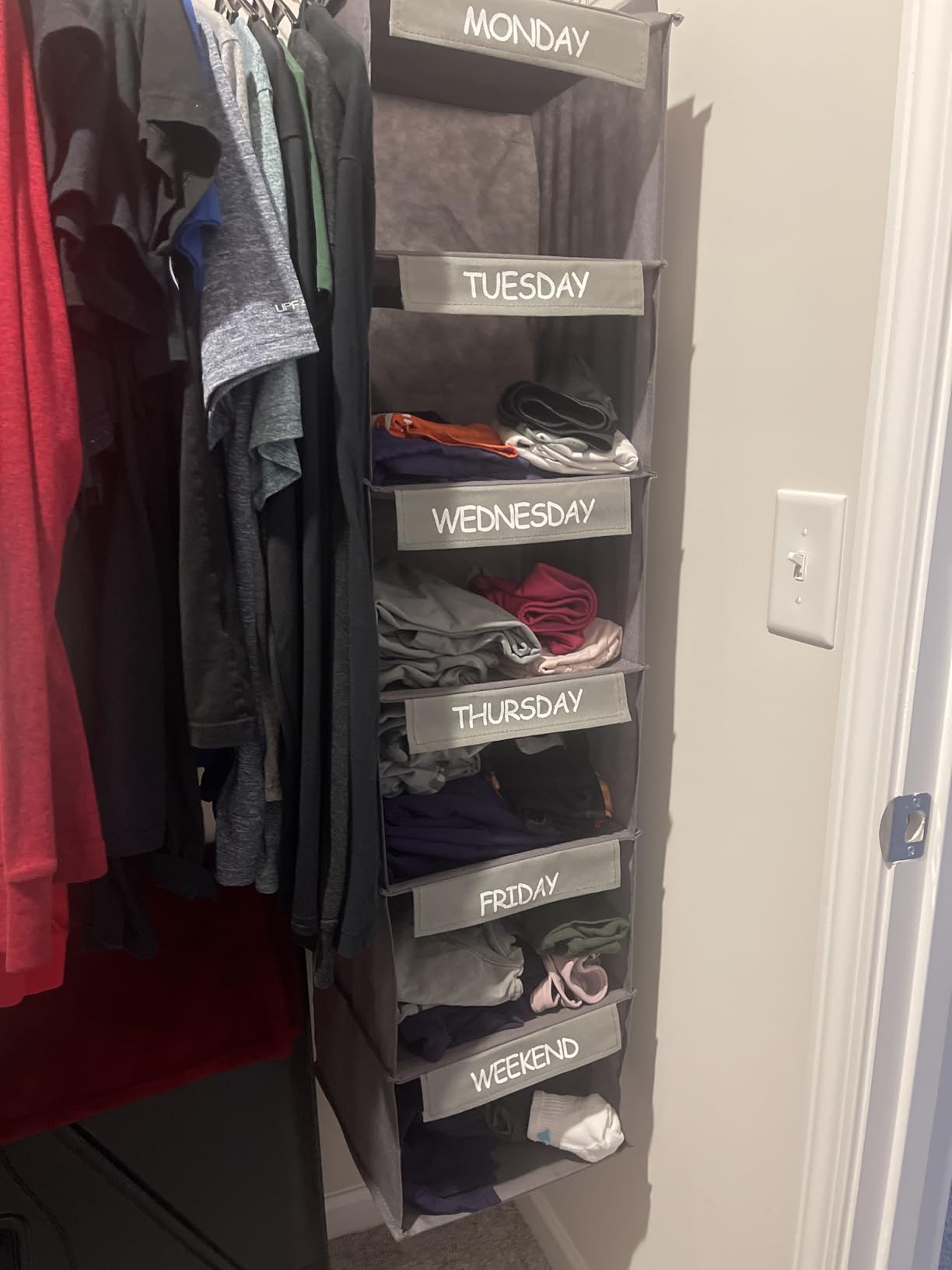 Kids Hanging Closet Organizer 6-Shelf with Day-of-Week Labels Blue | Helps children plan daily outfits with labeled shelves for Monday–Friday plus weekend. Folds flat for easy storage. customer photo 2