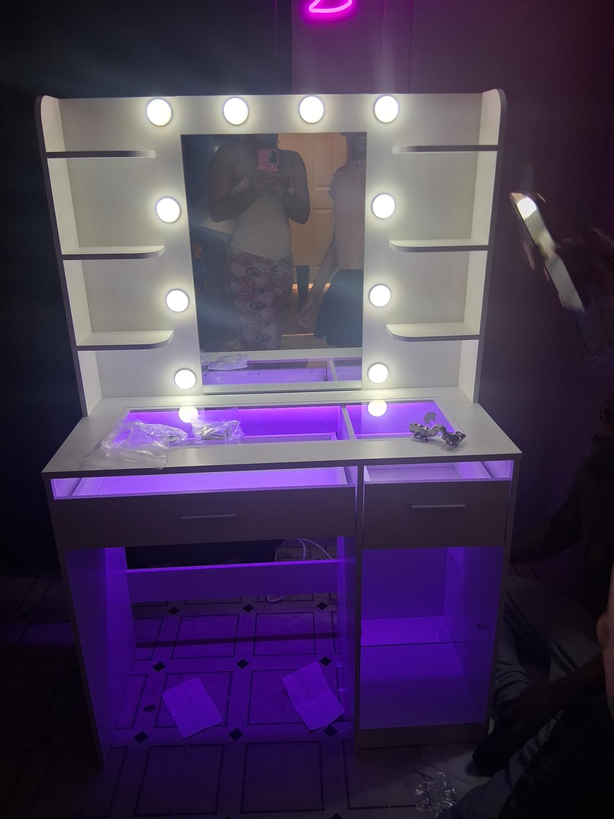 HUAHUU Vanity Desk with Mirror and Lights, Makeup Vanity Desk with Lights 3 Colors, Transparent Top Vanity with 2 RGB Drawers, 6 Shelves, Large Tempered Cabinet, Power Outlet, for Bedroom, White customer photo 2