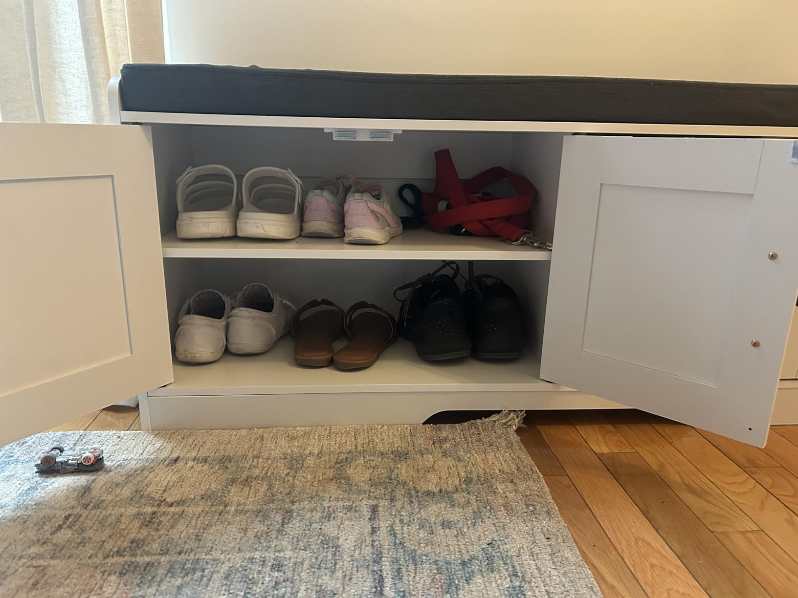 Homleke Shoe Storage Bench, 4 Doors & Thickened Padded Seat Cushion | 2-Tier Shoe Bench, Entryway Bench, Adjustable Shelf, 13.8