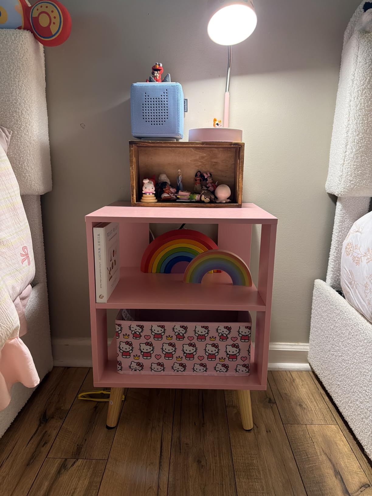 Aenuert Night Stand, Pink Kids Nightstand, Modern End Table with Open Storage, 2-Tier Nursery Bedside Table for Small Space, Living Room, Bedroom customer photo 1