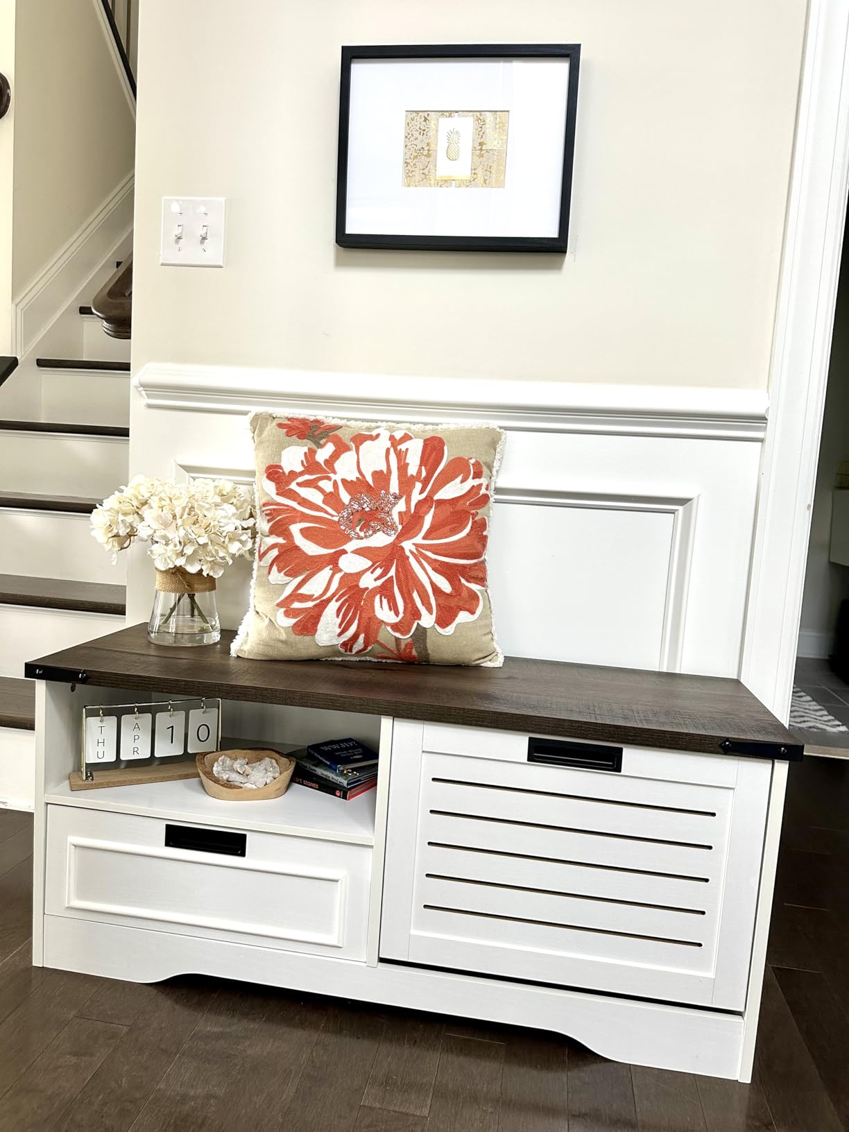 FATORRI Bench with Shoe Storage for Entryway, Wooden Shoe Benches with Flip Door and Drawers, Entry Way Shoes Organizer Cabinet for Living Room Mudroom (Dark Walnut) customer photo 2