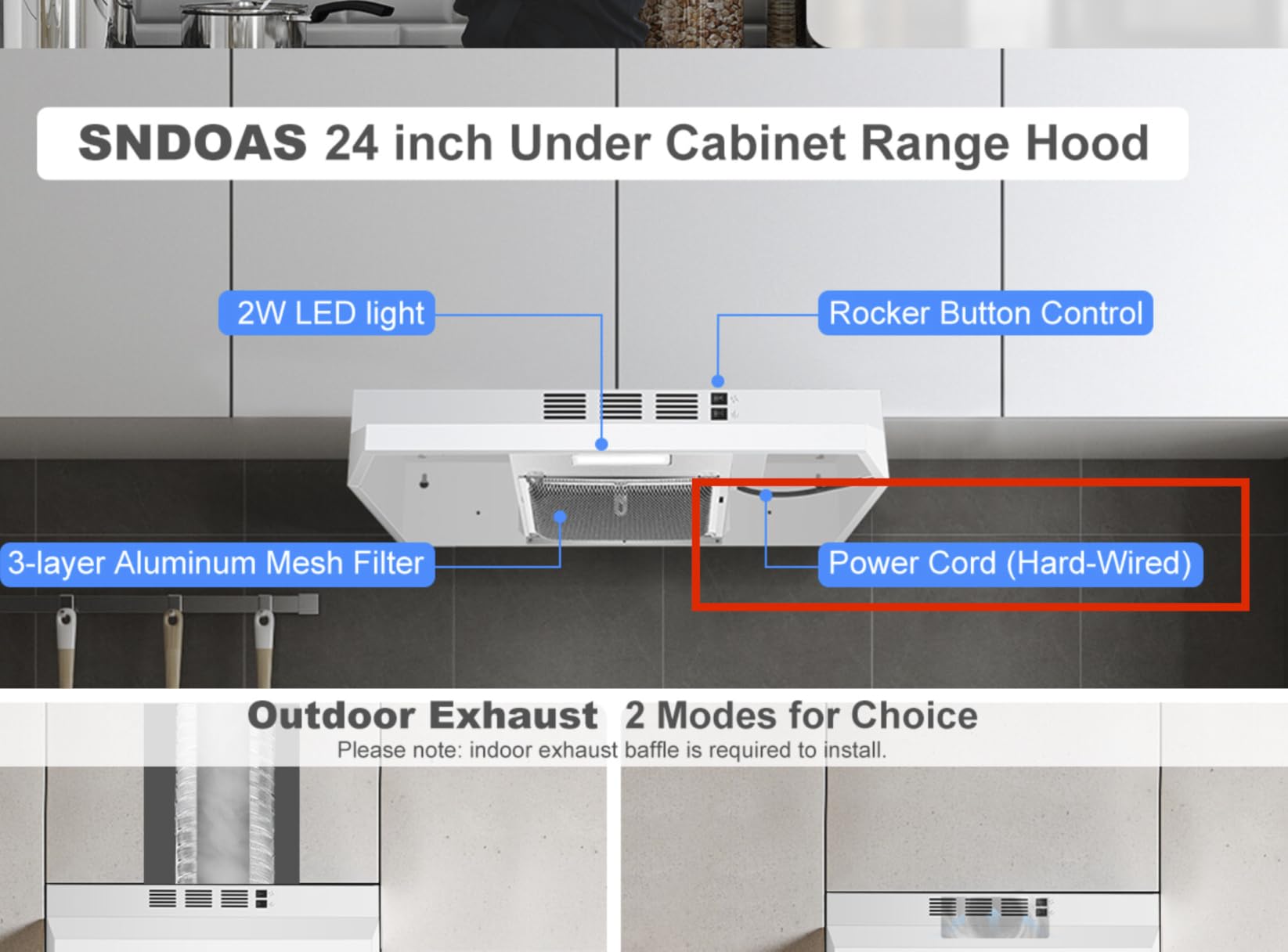 SNDOAS Under Cabinet Range Hood 24 inch,Ductless Range Hood Convertible Ducted, Kitchen Hood 24 inch,Stainless Range Hood with 2-speed Fan,Rocker Switch,Hard-wired Hood Vents for Kitchen customer photo 1