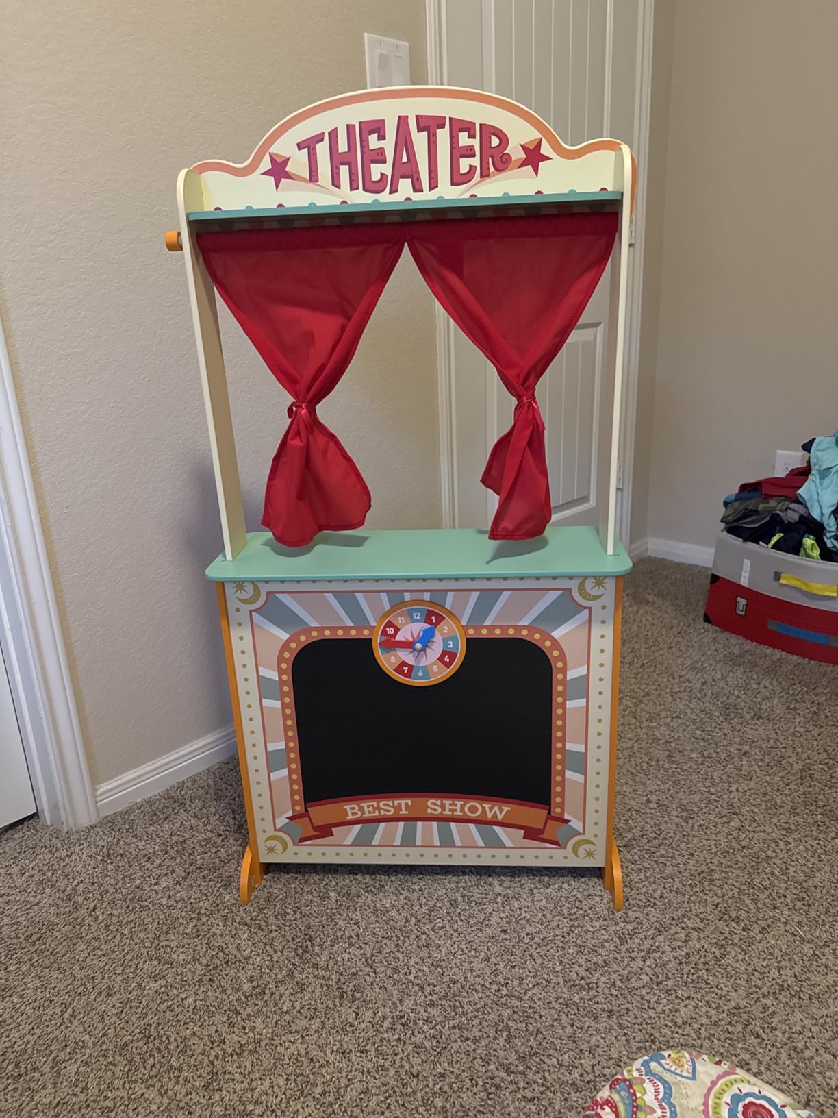 labebe - Deluxe Wooden Puppet Theater Bonus 2 Hand Puppet, 2-in-1 Clock Theater Reversible Play Store, Double-Sided Lemonade Stand, Puppet Show Theater Toy with Chalkboard for Kids 36M+ customer photo 1
