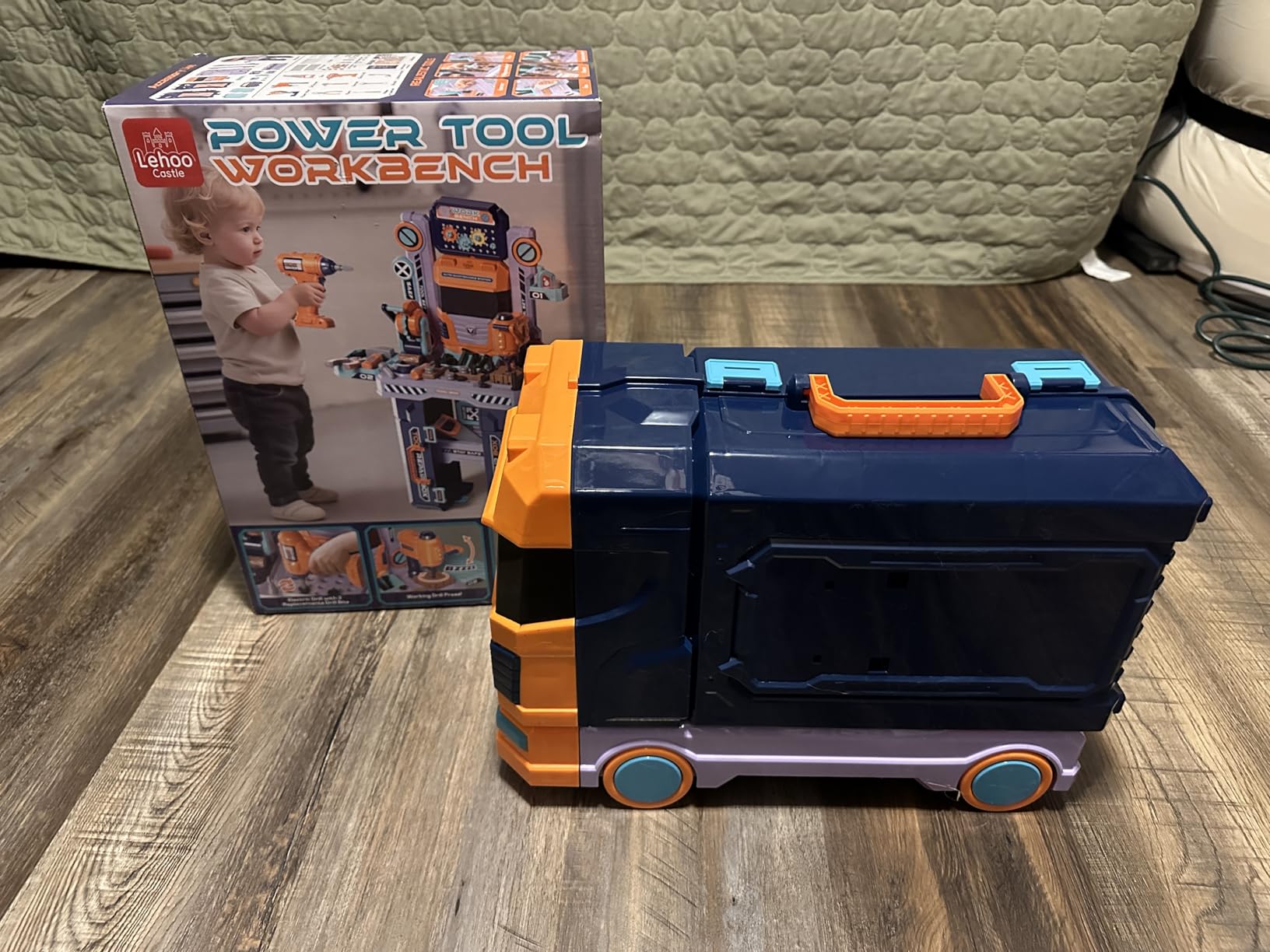 Lehoo Castle Kids Tool Bench with Electric Drill, Realistic Tools, Trucks | 2 in 1 Construction Workbench and Tool Box, Toddler Tool Bench Set with Take Apart Trucks, Tool Workshop Playset for Ages 3-5 customer photo 2