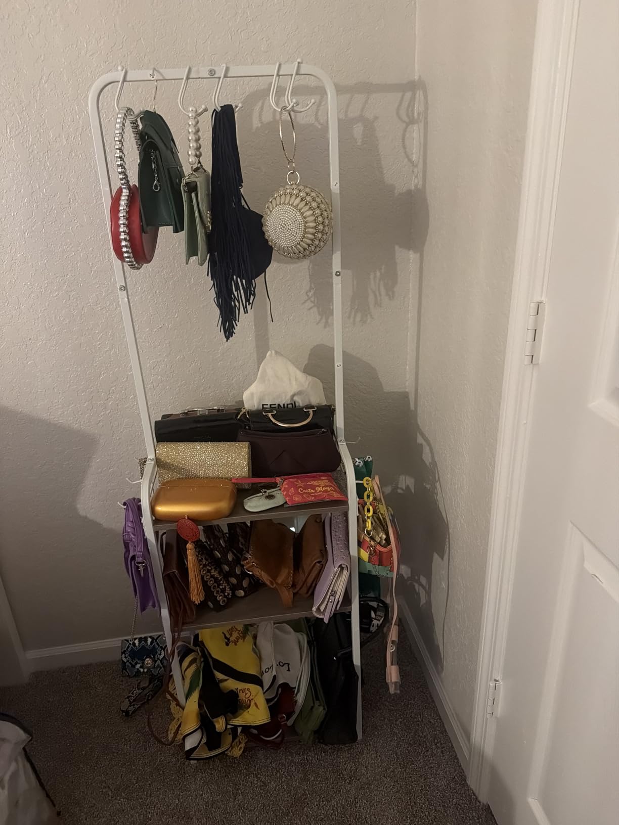 Tall Purse Organizer for Closet with Wood Shelves, Metal Floor-Standing Purse Rack Stand, Narrow High-Capacity Purse Storage and Bag Organizer for Bedroom, Entryway and Small Space customer photo 1