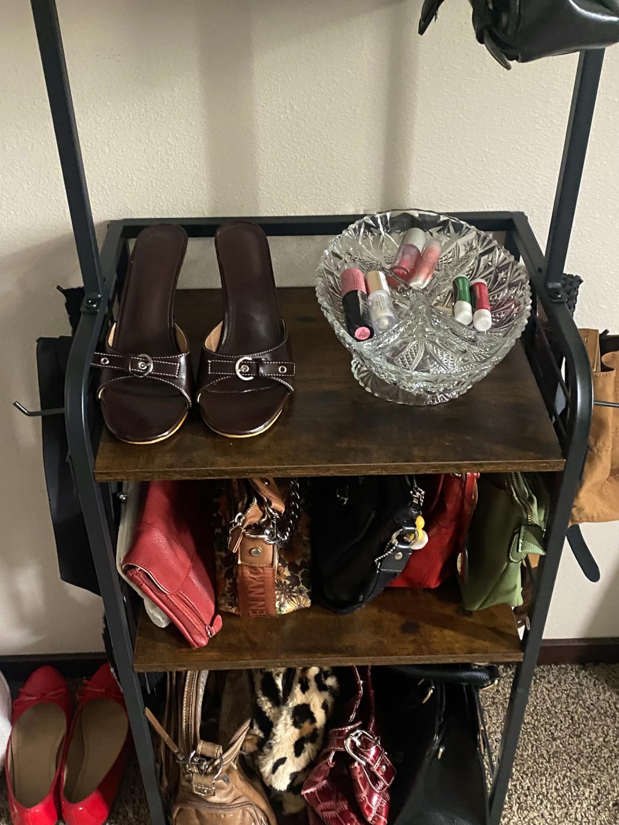 Tall Purse Organizer for Closet with Wood Shelves, Metal Floor-Standing Purse Rack Stand, Narrow High-Capacity Purse Storage and Bag Organizer for Bedroom, Entryway and Small Space customer photo 2