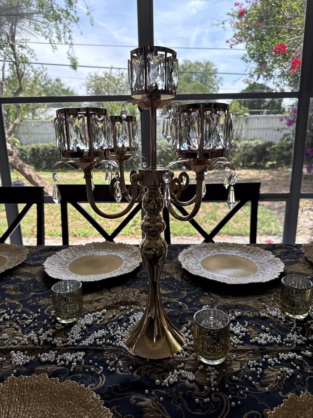 Candelabra Candle Holders, Elegant Bling Centerpiece with Pendant Crystal Table Decorations 5 Arms Candlesticks for Dining Room,22 Inches Tall (4, Silver) customer photo 2