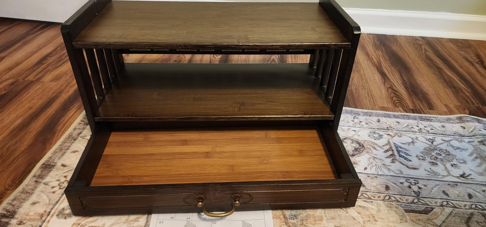 Altar Table with Drawer, Bamboo Meditation Pooja Low Floor Table for Spiritual Practices,Buddha Statues, Rituals, Books, and Home Decor, 2-Tier Storage Organizer (Walnut) customer photo 2