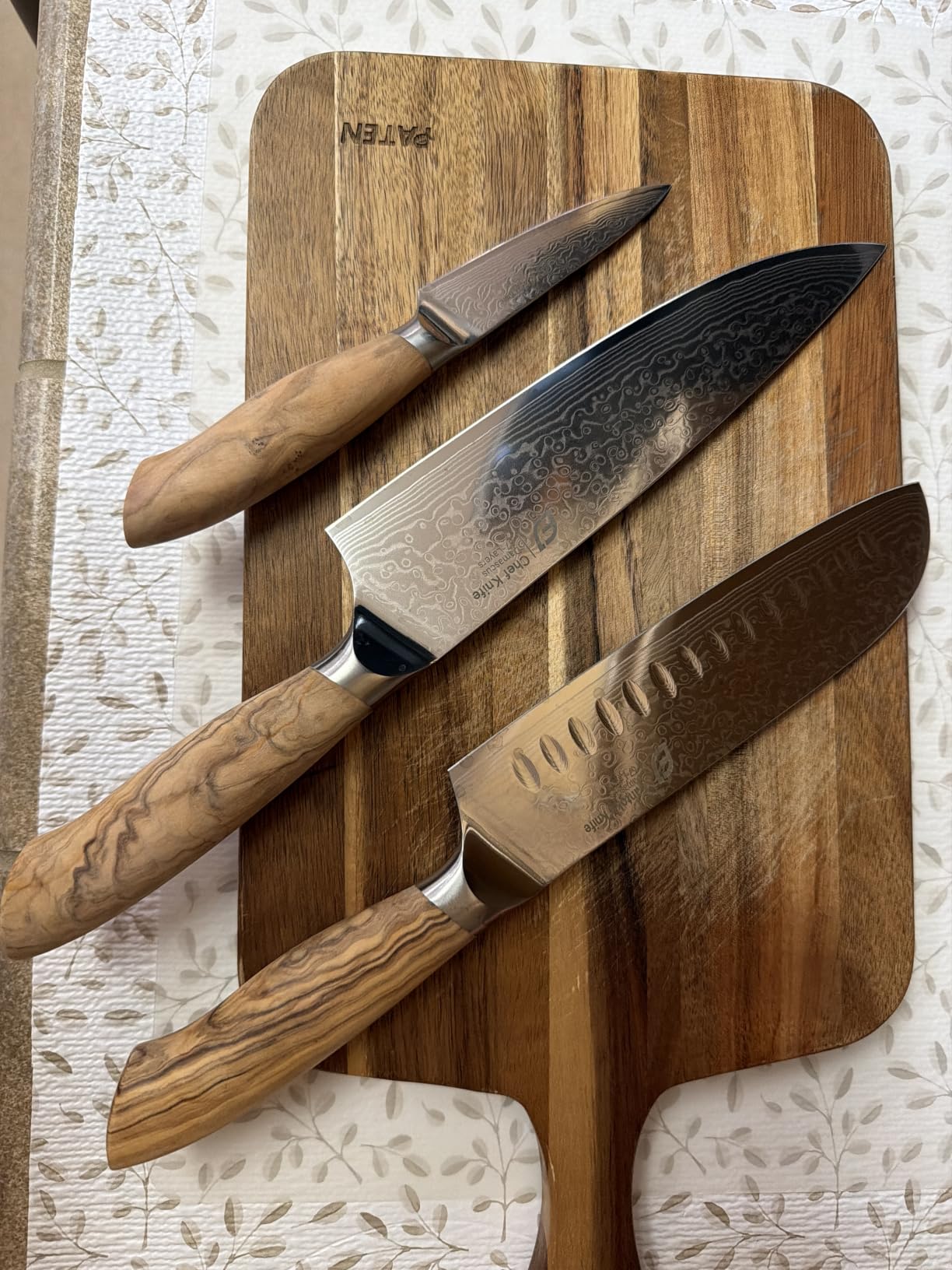 Emojoy 3-Piece Japanese Damascus Steel Knife Set, Olive Wood Handle & Box customer photo 2