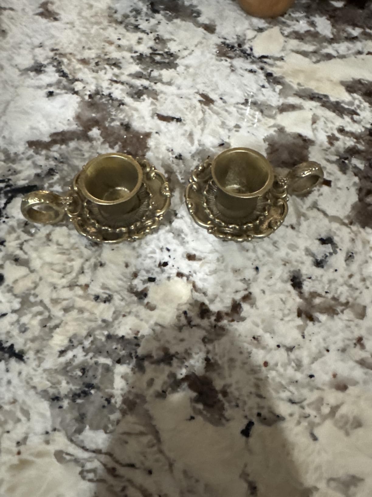 NIKKY HOME Vintage Gold Taper Candle Holders Set of 2, Handle & Drip Tray | Small Metal Candlestick, Embossed Ornamentation, Old-Fashioned Accent for Table Centerpieces, Weddings & Housewarming Display customer photo 1