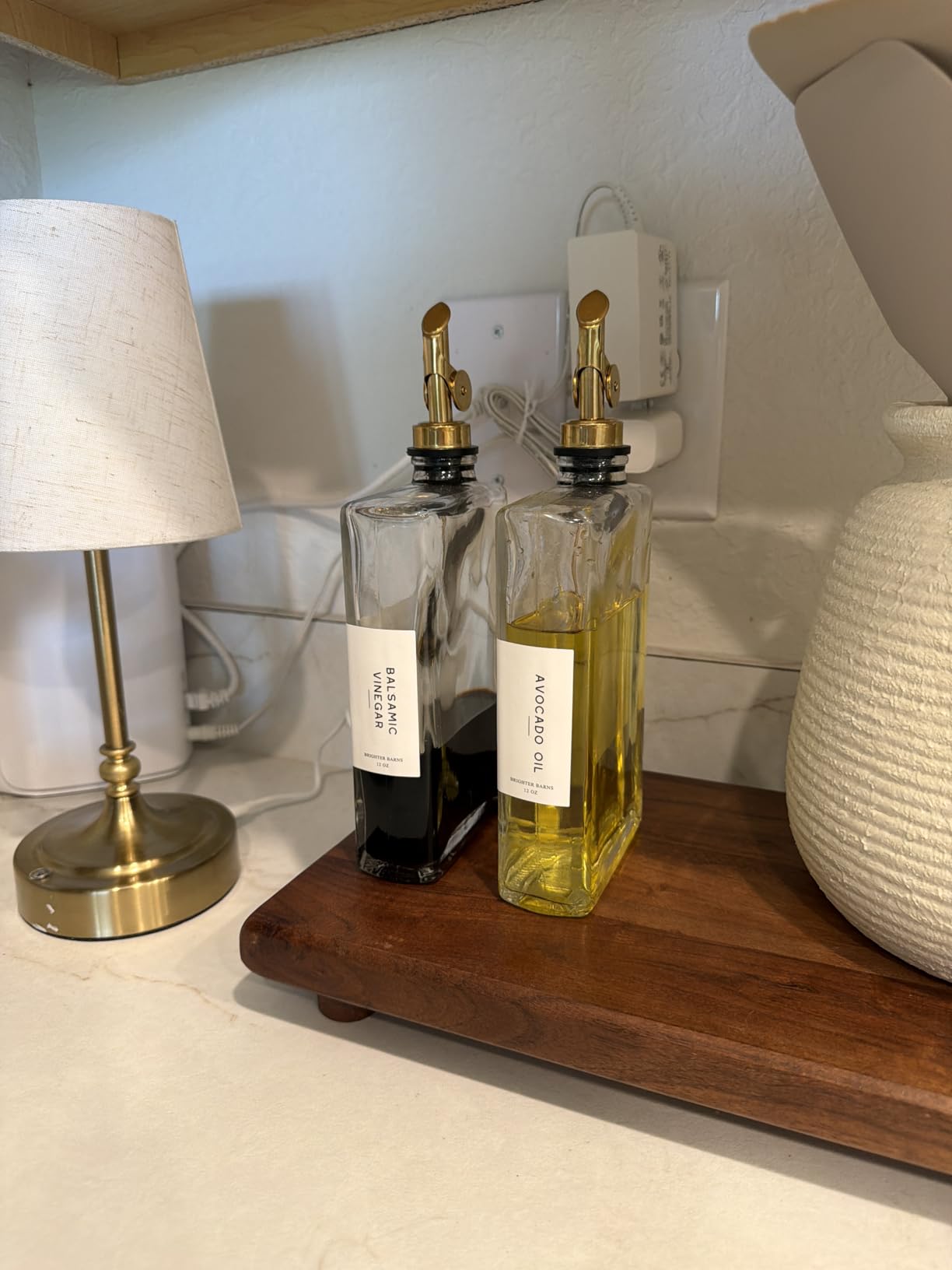 Glass Olive Oil Dispenser Bottle for Kitchen by Brighter Barns - Coffee Syrup Dispenser, Oil and Vinegar Bottle - Modern Kitchen Essentials for Restaurants, Coffee Bar, Airbnb (Clear/Gold, Set of 2) customer photo 2