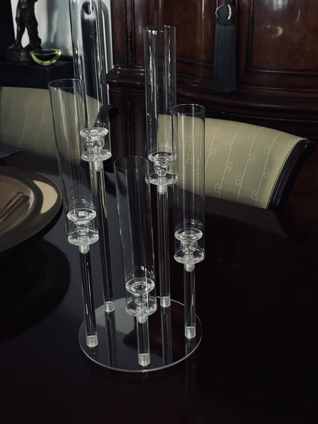 4 Pack 5 Arm Clear Acrylic Candelabra Centerpiece for Tables | Wedding Centerpiece Candle Holder Stand with Removable Lampshade, Dinner Party Holiday Decor, Fits 0.8