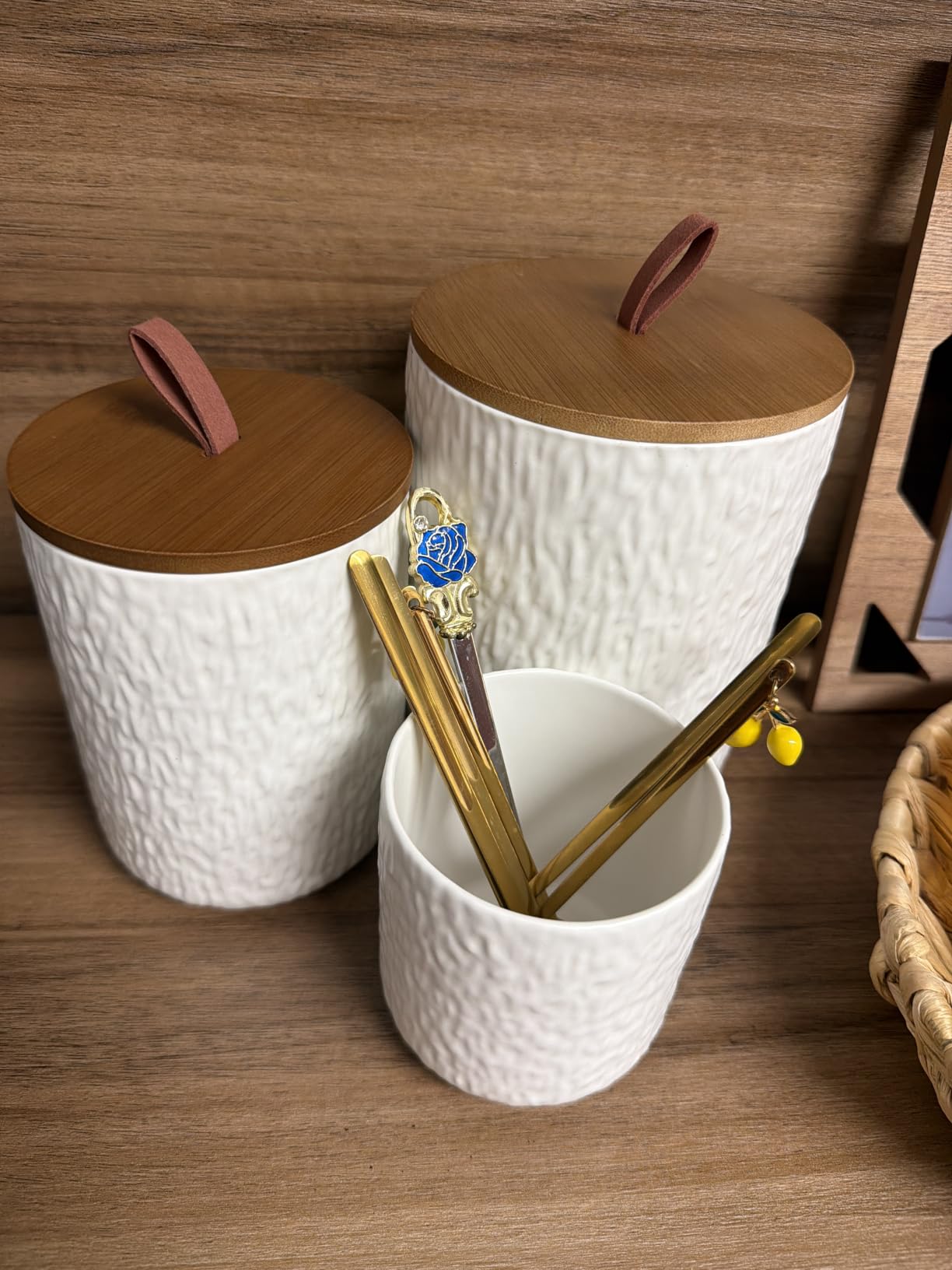 JOJUNO White Marble Ceramic Canister with Bamboo Lid, 3-Piece Airtight Jars customer photo 2