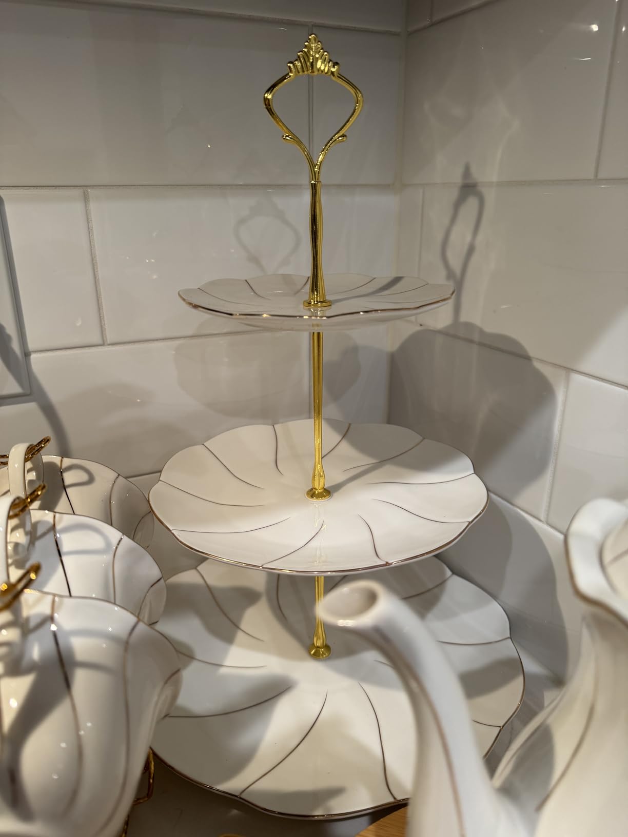 DUJUST Luxury Larger 3-Tier Cupcake Stand Tower, British Style Porcelain Serving Tray with Golden Trim, Food Grade Dessert Display Stand for Tea Party & Home Décor - 45% Larger Plates customer photo 2