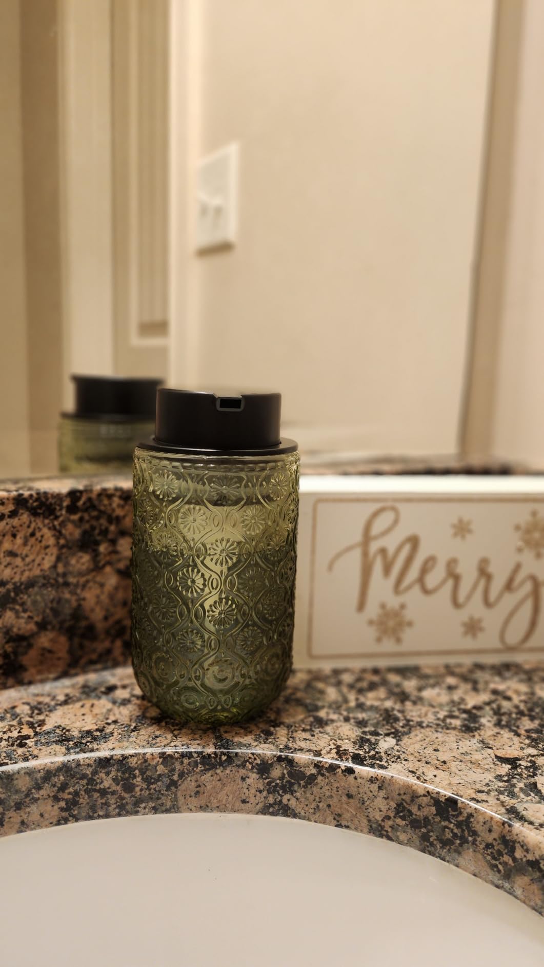 Foaming Hand Soap Dispenser,Vintage Glass Soap and Lotion Dispenser for Bathroom,Kitchen Dish Soap Dispenser with Black Foam Pump (Light Green Begonia Flower+Black Lid) customer photo 1