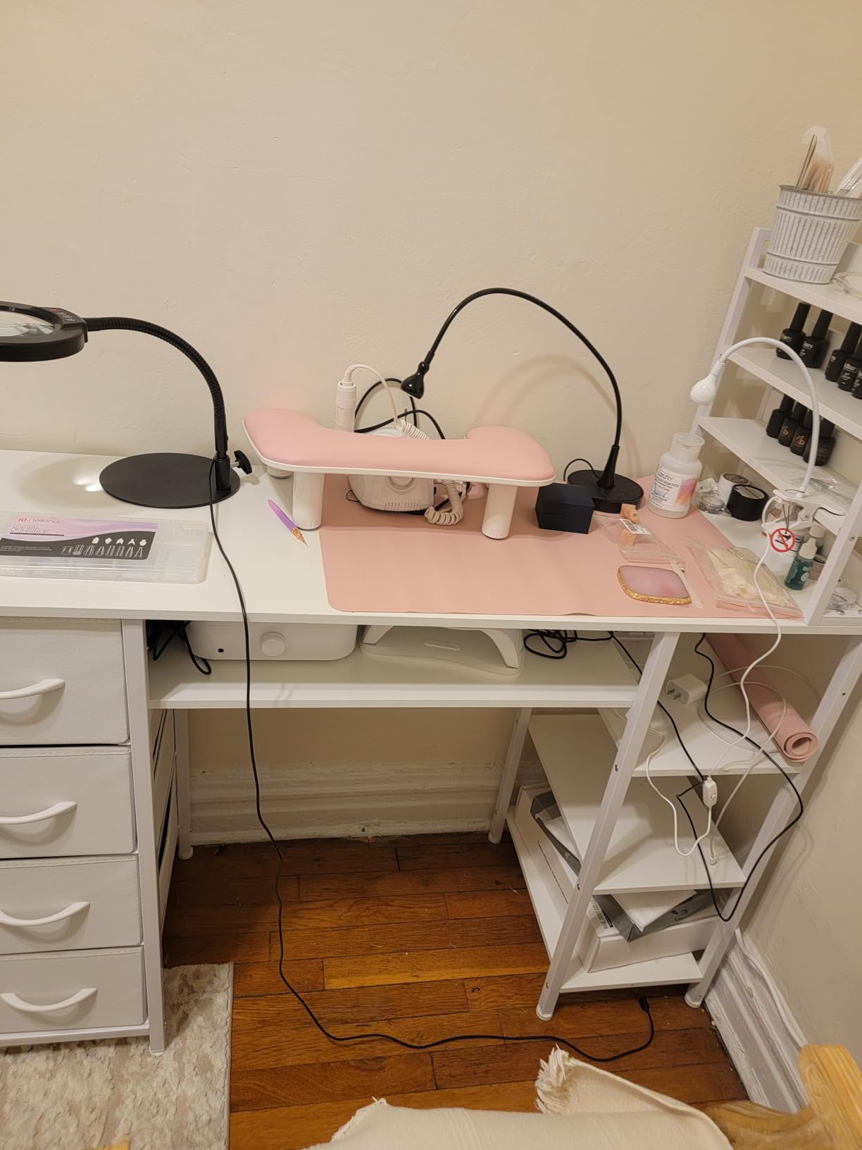 Manicure Table Nail Desk for Nail tech with Drawers & Power Outlet | White Nail Beauty Table with Storage and Open Shelves for Home,Workshop,Makeup Beauty Salon Workstation customer photo 1