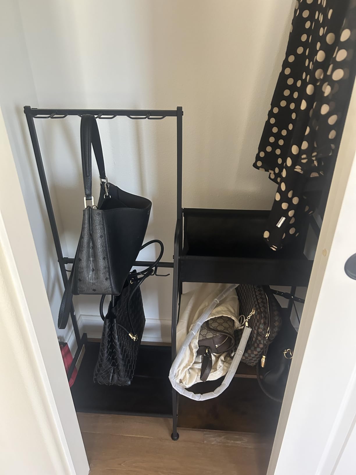 Homsorout Purse Organizer for Closet - Purse Rack Stand with 12 Hooks, 2 Wooden Shelves Purse Storage for Closet, Large Capacity Backpack Storage, Handbag Organizer for Home, Living Room, Black customer photo 2